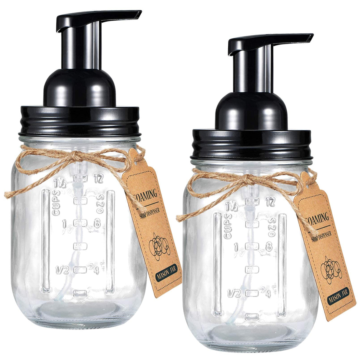Amolliar Mason Jar Foaming Soap Dispenser, Plastic Pump Rustproof Stainless Steel Lid, Waterproof Label, Rustic Farmhouse Decor Hand Soap Dispenser, Dish Soap for Bathroom, Kitchen, Bath, Black 2 Pack Amolliar