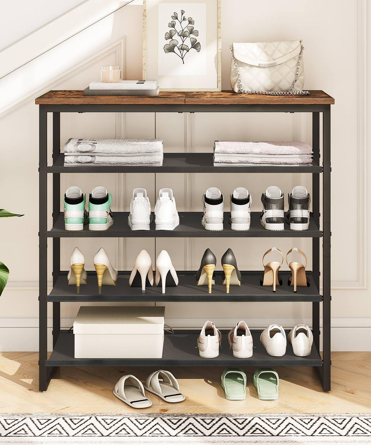 HOOBRO Shoe Rack, 5 Tier Shoe Storage Organizer with 4 Oxford Fabric Shelves and Top Panel, Holds 16-20 Pairs of Shoes, for Entryway and Closet, Industrial, Rustic Brown BF50XJ01 HOOBRO