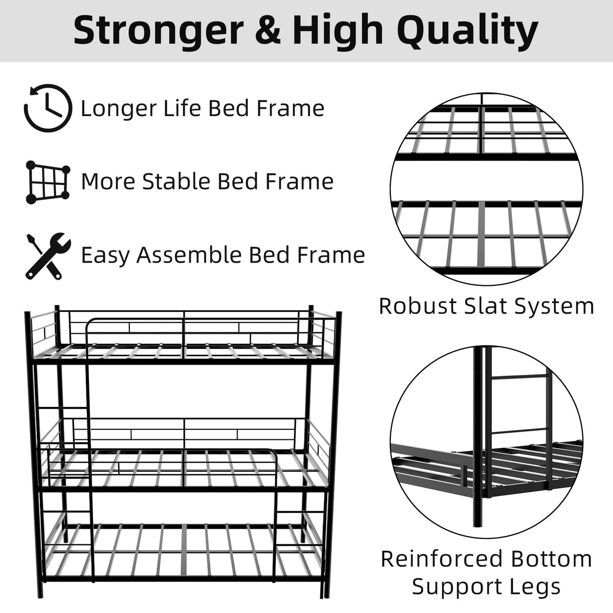 QSOSTNS Metal Triple Bunk Bed, Twin Over Twin Bunk Bed Frame with Side Ladder and Safety Fence, Suitable for Bedrooms, No Box Spring Required, Teens & Adults Bunk Bed, Metal Bunkbeds QSOSTNS