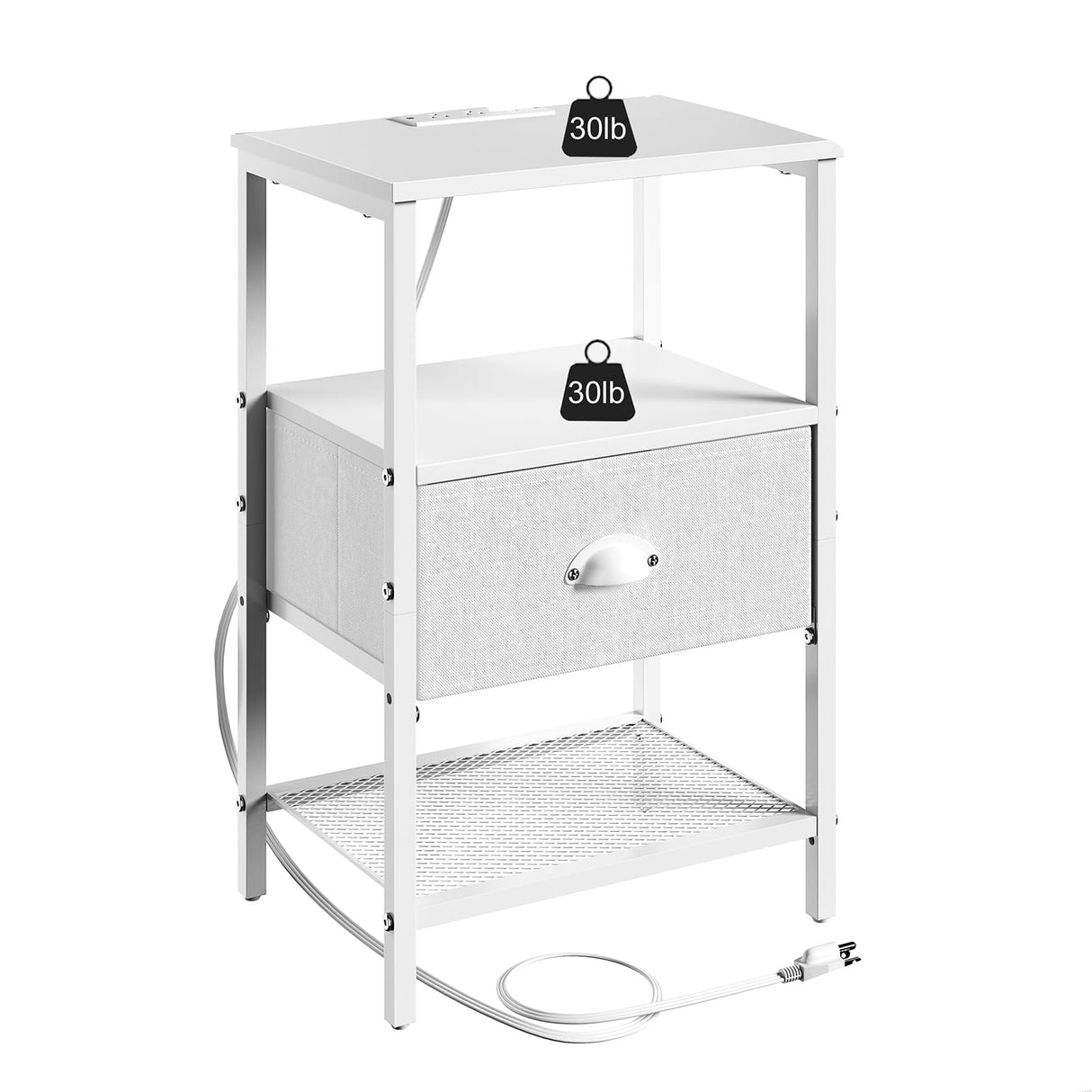 Sthmec Nightstands Set of 2, LED Bedside Tables with Charging Station and Fabric Drawer, Night Stand with Storage, 3 Tier Side Table with Open Shelf, LED Nightstand with Charging Station, White WoodArtSupply