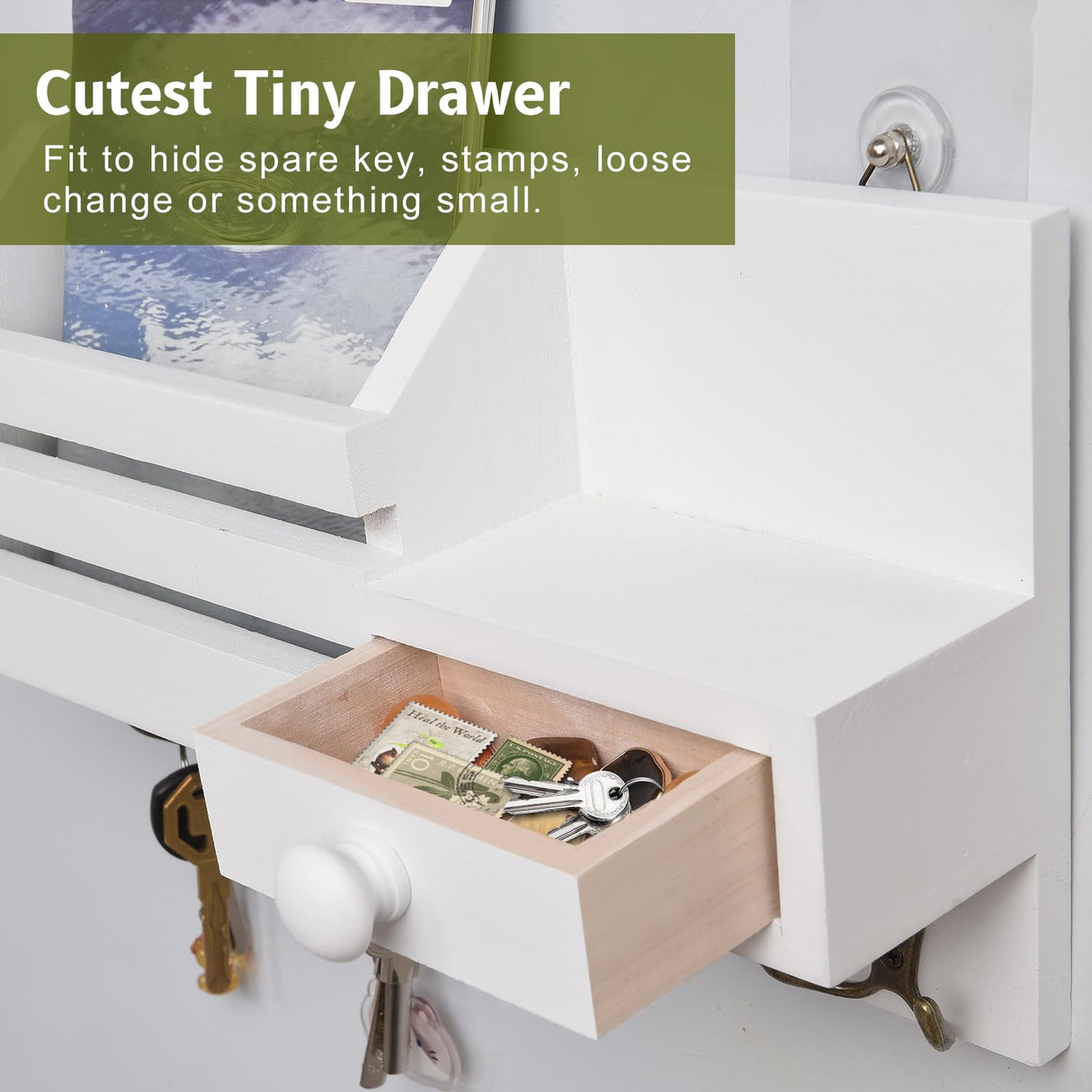 HOMEBROS Key Mail Holder for Wall, White Wooden Key Mail Organizer with Drawer Wall Mount Key Rack with Shelf Key Storage Hanger with 8 Key Hooks for Entryway Hallway 2 Installation Methods HOMEBROS