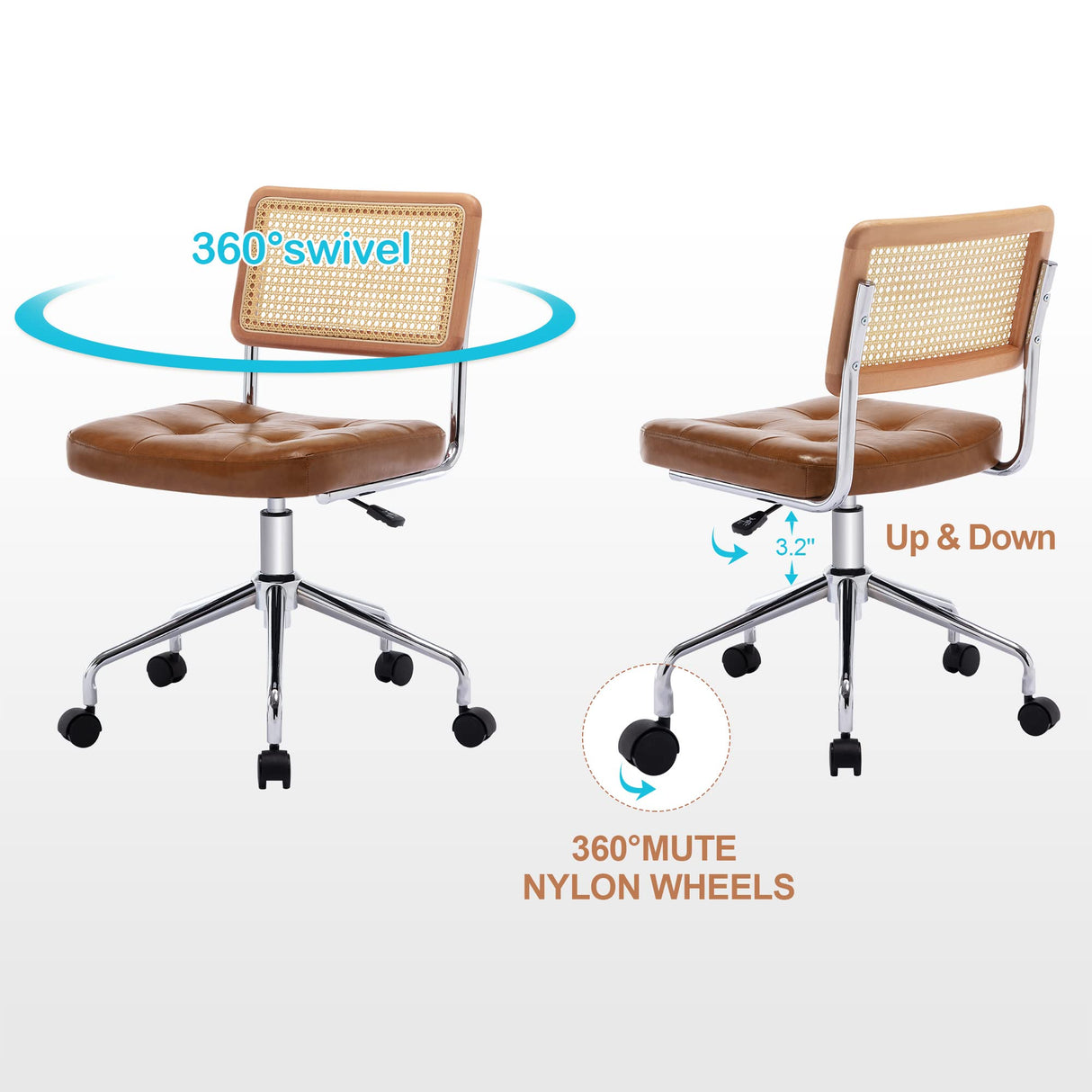 Zesthouse Mid Century Home Office Chair Leather Desk Chair with Rattan Back, Vanity Chair for Girls Women, Upholstered Swivel Chair, Adjustable Height Computer Task Chair Zesthouse