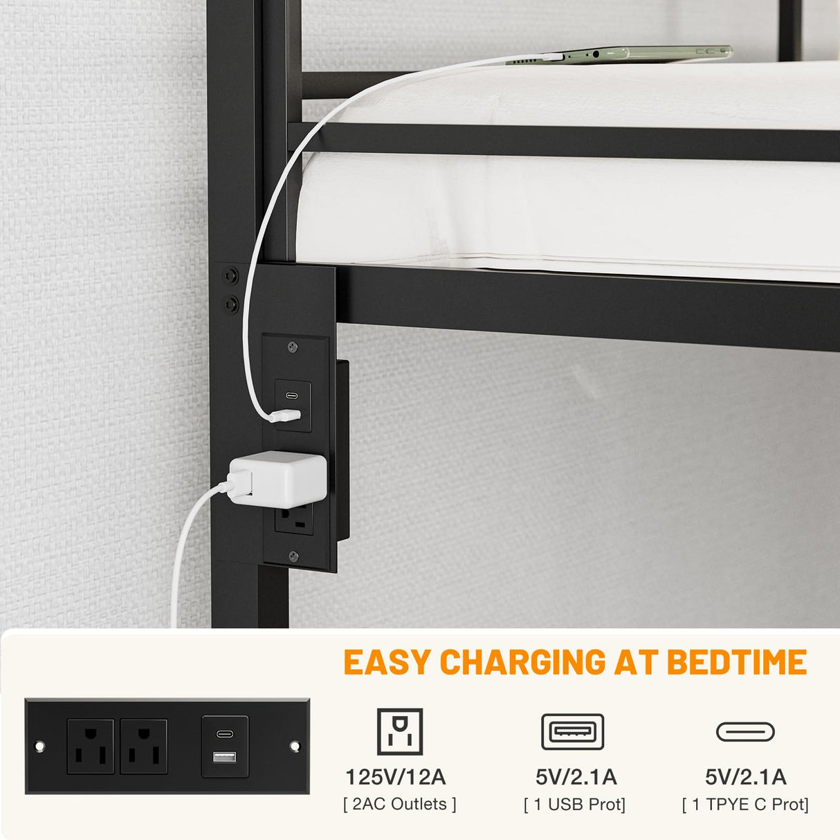IKIFLY Full Over Full Bunk Beds with LED Lights and Charging Station, Heavy Duty Metal Full Size Bunk Bed Frame, Safety Guardrail & 2 Ladders, Space-Saving Design, No Box Spring Needed, Black IKIFLY