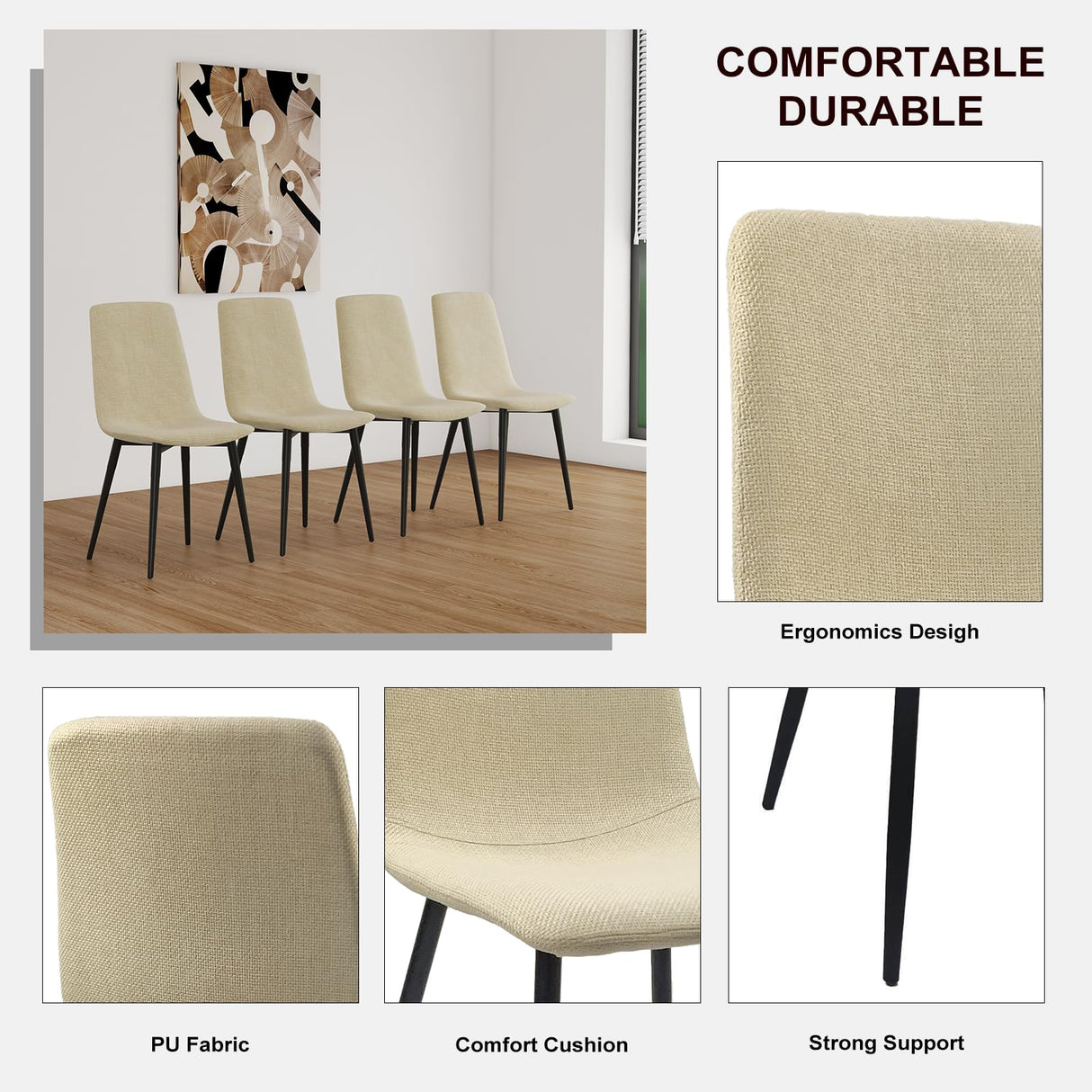 WIIS' IDEA Modern Dining Table Set for 4,Rectangular Solid Wood Dining Table for 4 People,Metal Base and Legs,Suitable for Living Room,Dining Room,Kitchen(55" Dining Table+4 Beige Dining Chairs) WIIS' IDEA