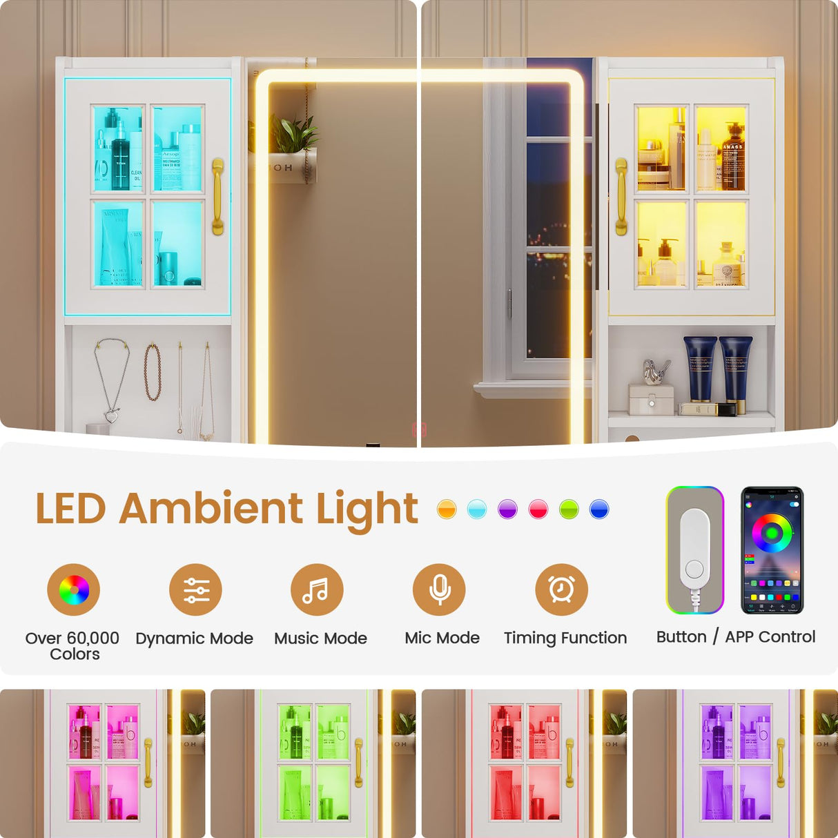 BTHFST White Vanity Desk with Touch Screen Mirror and Lights, Large Makeup Vanity with RGB Light Cabinets & Charging Station, 6 Drawers, 5 Jewelry Hooks, Vanity Table with Lighted Mirror BTHFST