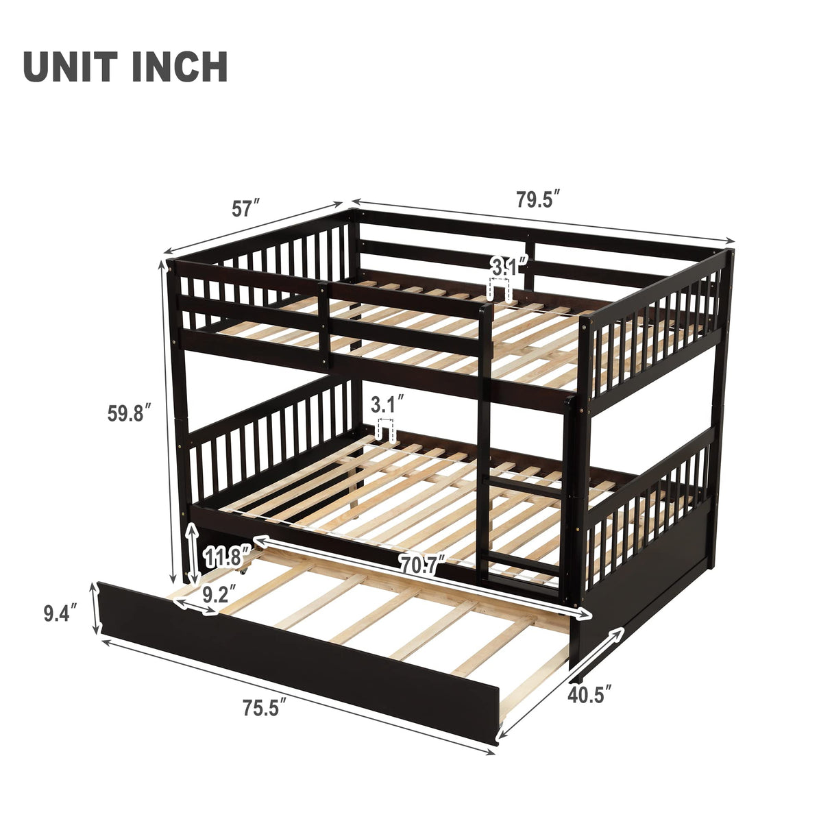 WIILAYOK Full Over Full Bunk Bed with Trundle, Convertible to 2 Full Size Platform Bed, Bunk Bed with Ladder and Safety Rails for Teens, Adults, Brown WIILAYOK