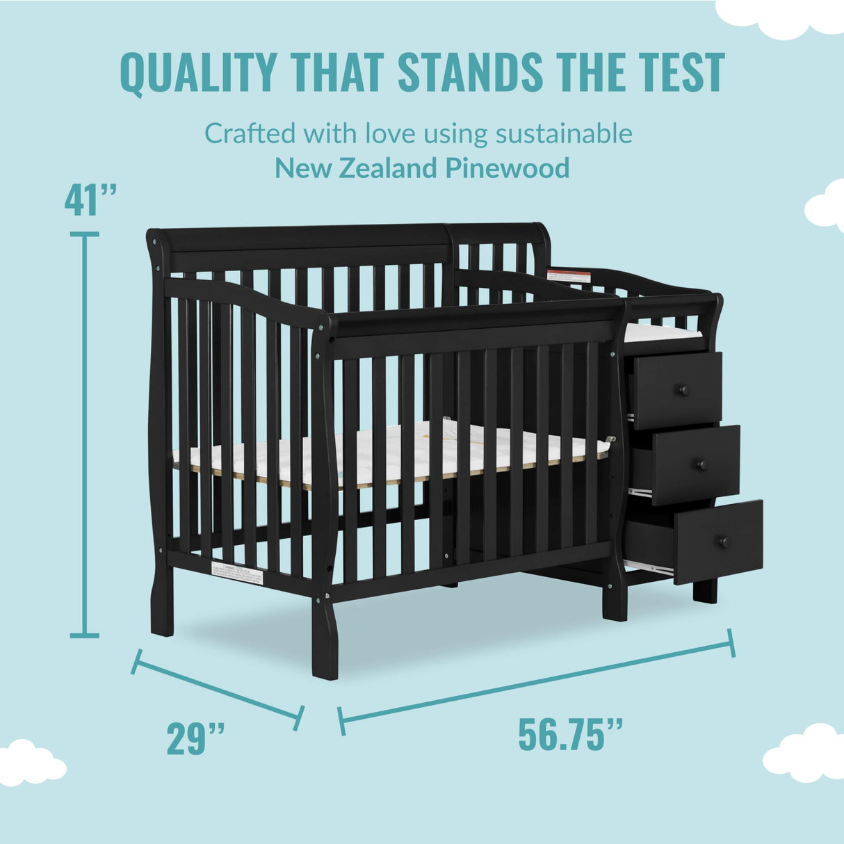Dream On Me Jayden 4-in-1 Mini Convertible Crib And Changer in Black, Greenguard Gold Certified, Non-Toxic Finish, New Zealand Pinewood, 1" Mattress Pad Dream On Me