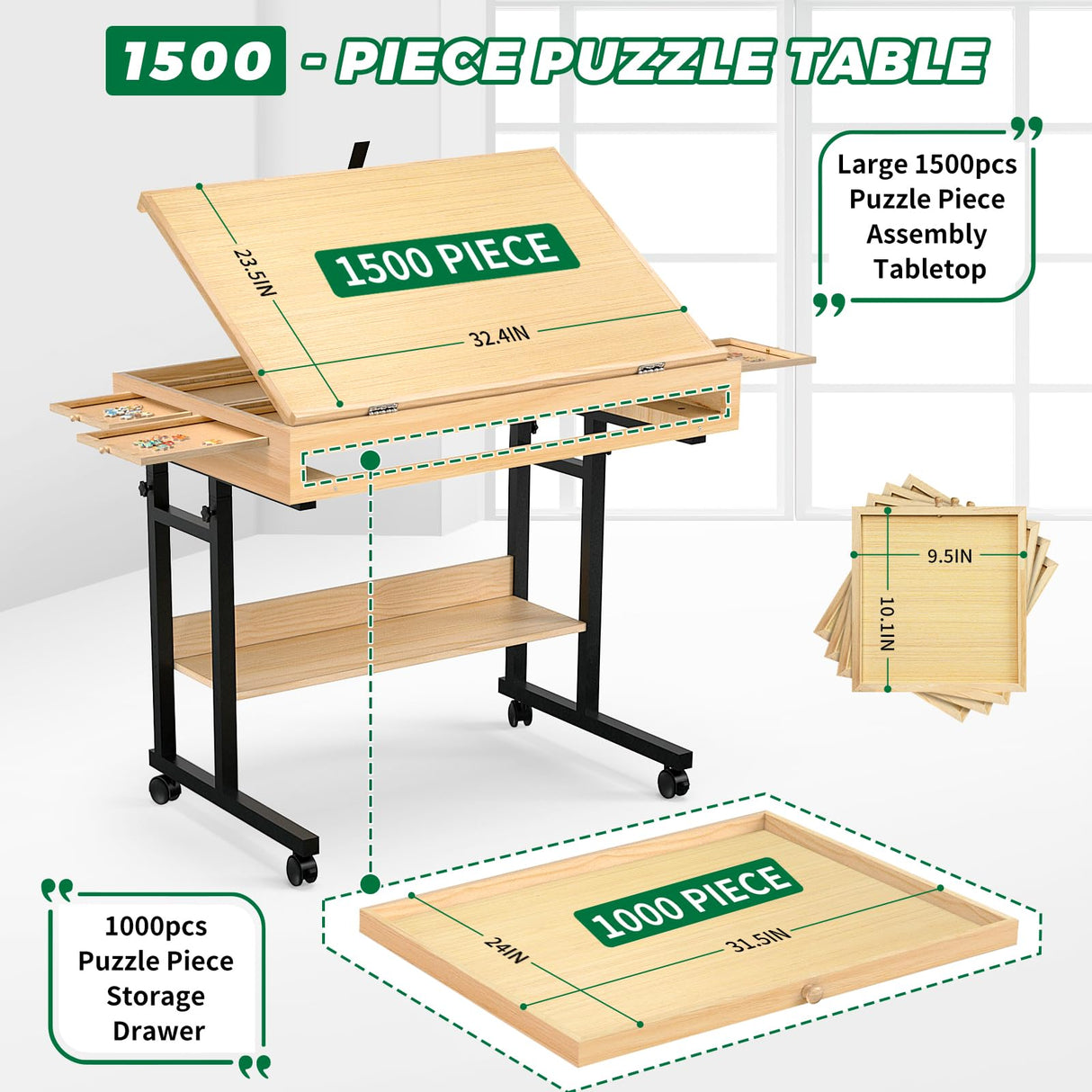 Large Puzzle Table with Drawer for 300-1500 Piece Jigsaw Puzzles – Adjustable Height & Angle, Wooden Puzzle Board with Felt PP Cover, Storage Shelf, Metal Stand, Wheels for Adults & Enthusiasts CEDARDVD