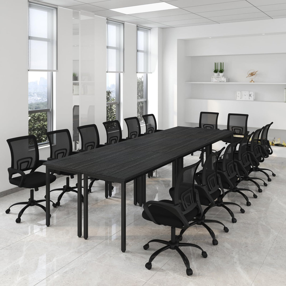 Bonzy Home 12FT Conference Table Chairs Set, 6PCS Tables & 14PCS Ergonomic Office Chairs, Meeting Room Conference Room Table with Chairs Set for 14 People, 142"x47"x30", Black Bonzy Home