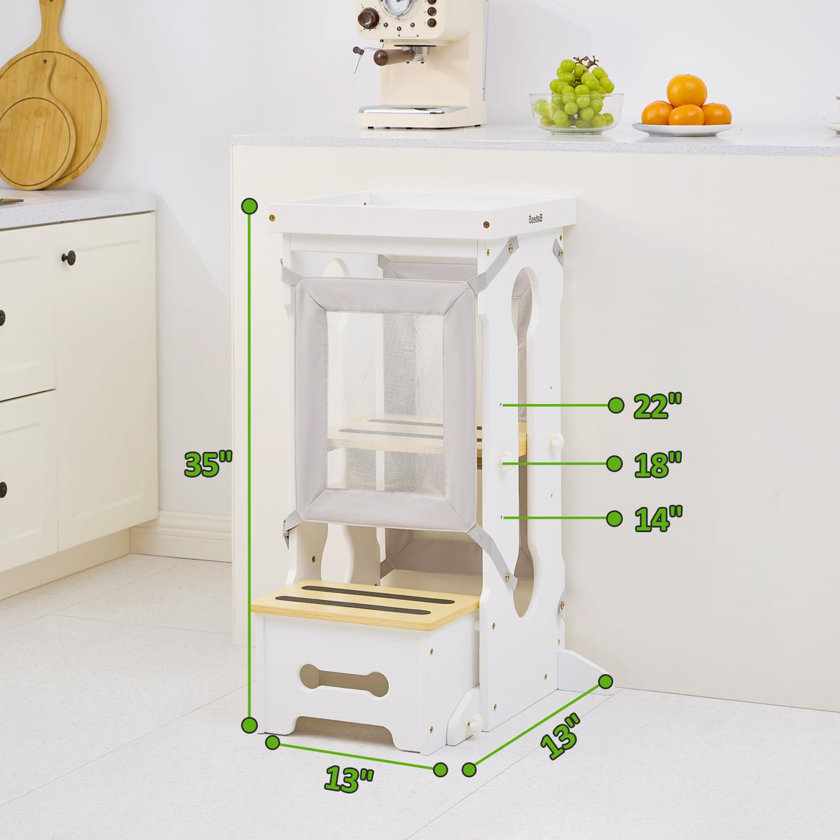 Bateso Toddler Standing Tower, Adjustable Height Toddler Kitchen Stool Helper for Kids 1-6, Toddler Kitchen Step Stool with 2 Detachable Nets, Wooden Montessori Toddler Tower for Kitchen Counter Bateso