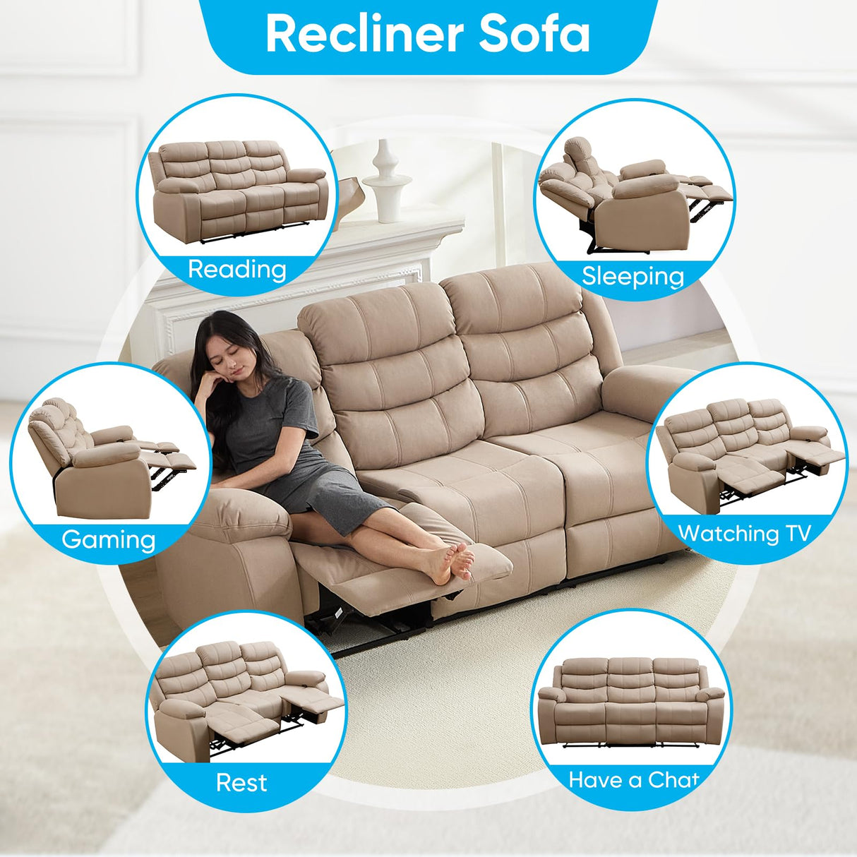 Mjkone Recliner Home Theater Seating, 3 Seater Power Reclining Sofa Chair, Manual Control Recliner Couch with Cup Holders & Flipped Middle Backrest & Table, Modern Couches for Living Room, Beige Mjkone