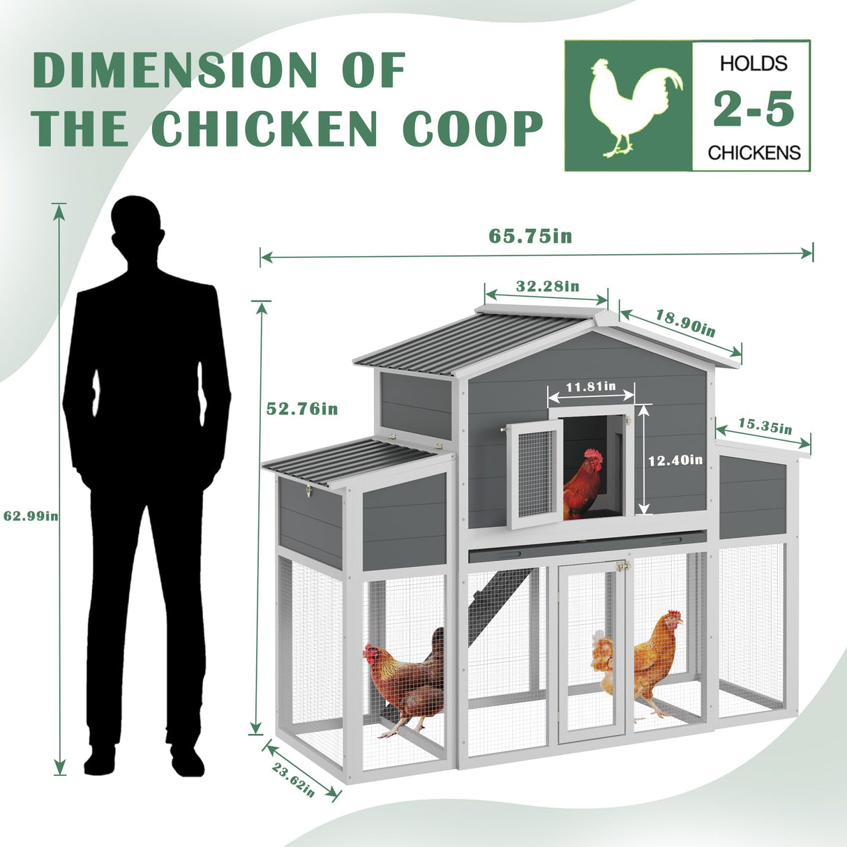 Wooden Chicken Coop for 2-6 Chickens, Outdoor Chicken House with Run & 2 Nest Boxes, Outside Hen House Poultry House Pet Hutch Chicken Cage with Waterproof Roof & Ramp, (66''LX32''WX53''H) Sunnibety