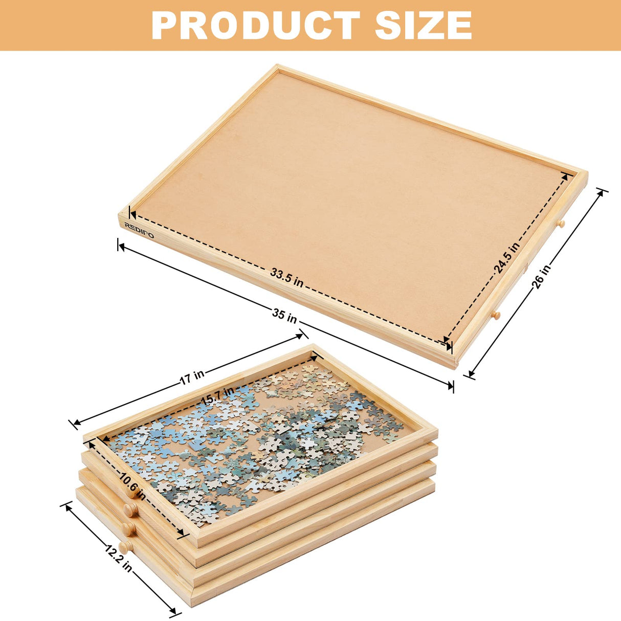 Redipo 1500 Pieces Wooden Jigsaw Puzzle Board with 4 Drawers for Storing Puzzles, 26” x 35” Large Portable Jigsaw Puzzle Table with Puzzle Cover, Non-Slip Plateau Work Surface for Adults and Kids Redipo