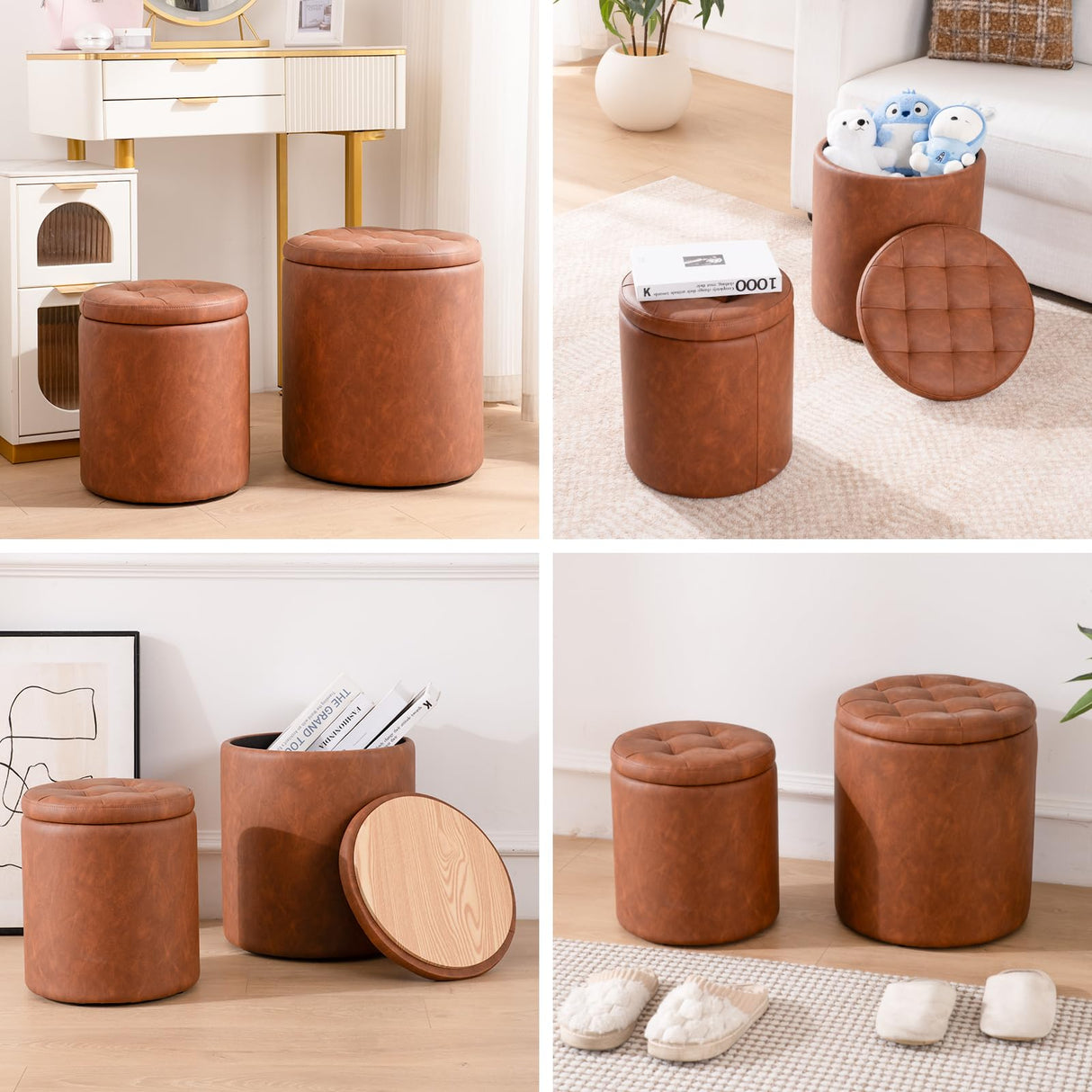 Round Ottoman with Storage Set of 2, Faux Leather Button Tufted Storage Ottoman, 14.76"L x 14.76"W x 17.32"H, Boucle Vanity Stool Footrest Coffee Table for Living Room, Bedroom, Support 300 lbs, Brown oakvivo