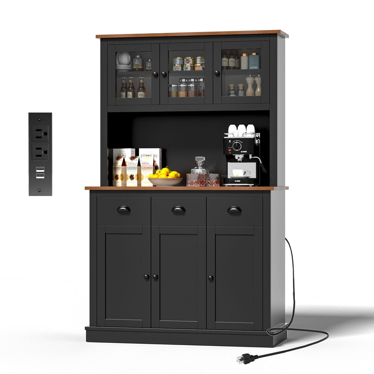 MU 71" Kitchen Pantry Cabinet with Charging Station, Tall Kitchen Hutch with Countertop, Drawers & Microwave Shelf, Food Storage Cabinet for Dining Room & Coffee Bar, Black MU