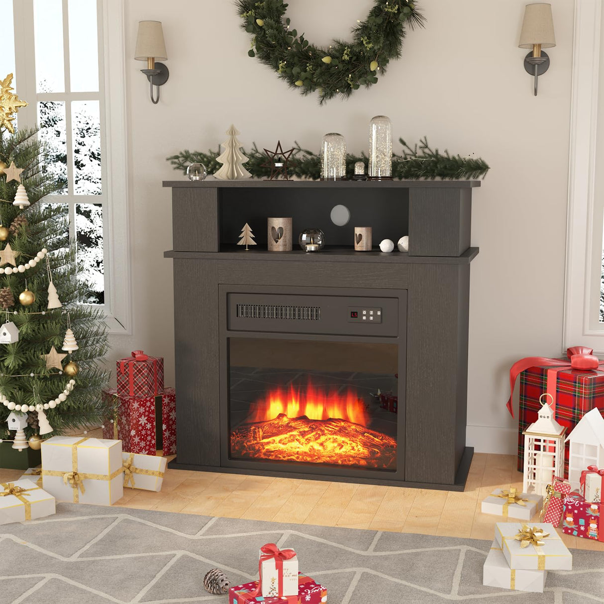 PRETZI 28" Electric Fireplace with Mantel, Small Fireplace tv Stand with 18" Fireplace Insert, 3D Realistic Flame, Portable Freestanding Fireplace with a Shelf for Living Room, Remote Control, Black PRETZI