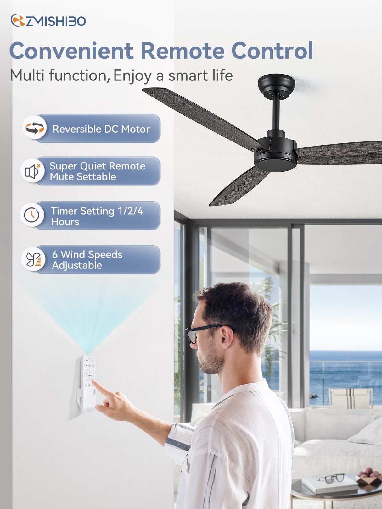 ZMISHIBO 2 Pack 52 Inch Outdoor Ceiling Fans with Remote, Black Ceiling Fan No light with Quiet Reversible DC Motor, 6 Speeds, 3 Blade Modern Ceiling Fans for Patio Living Room Bedroom Indoor ZMISHIBO