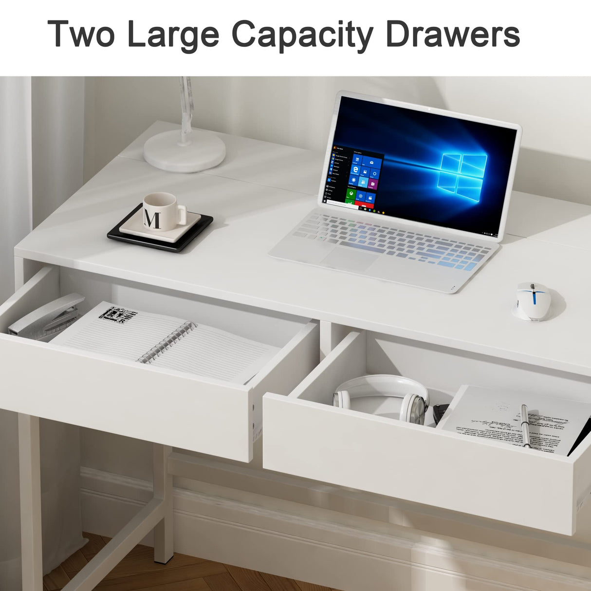 Treocho Computer Desk with USB Charging Ports and Power Outlets, Modern Simple 40 inch White Desk with 2 Drawers, Vanity Desk, Makeup Table for Home Office, Bedroom Treocho