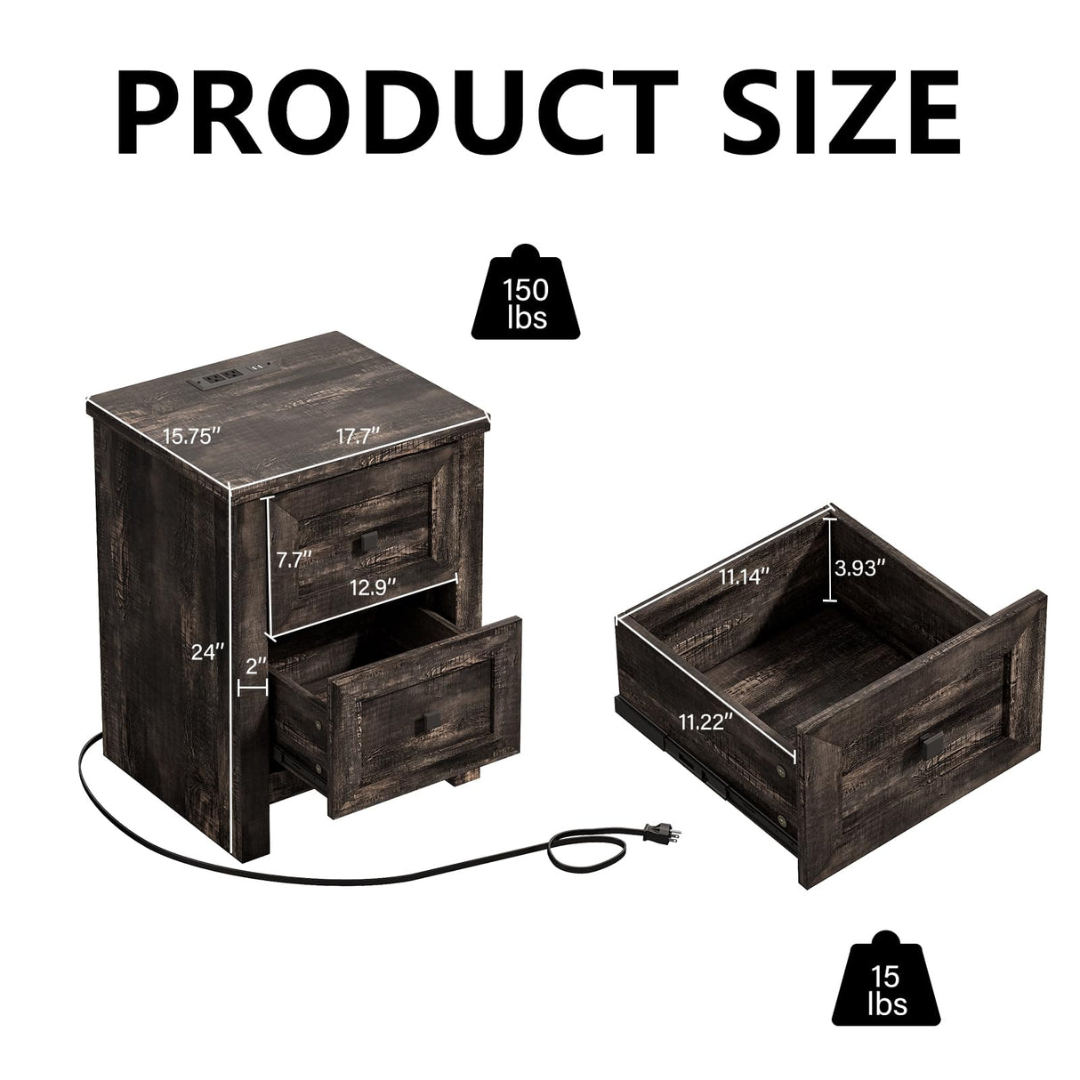 LUXOAK Nightstand Set of 2 with Charging Station, Farmhouse End Table with 2 Drawers Storage Cabinet, Rustic Wood Sofa Side Table for Bedroom, Living Room, Office, Dark Rustic Oak LUXOAK