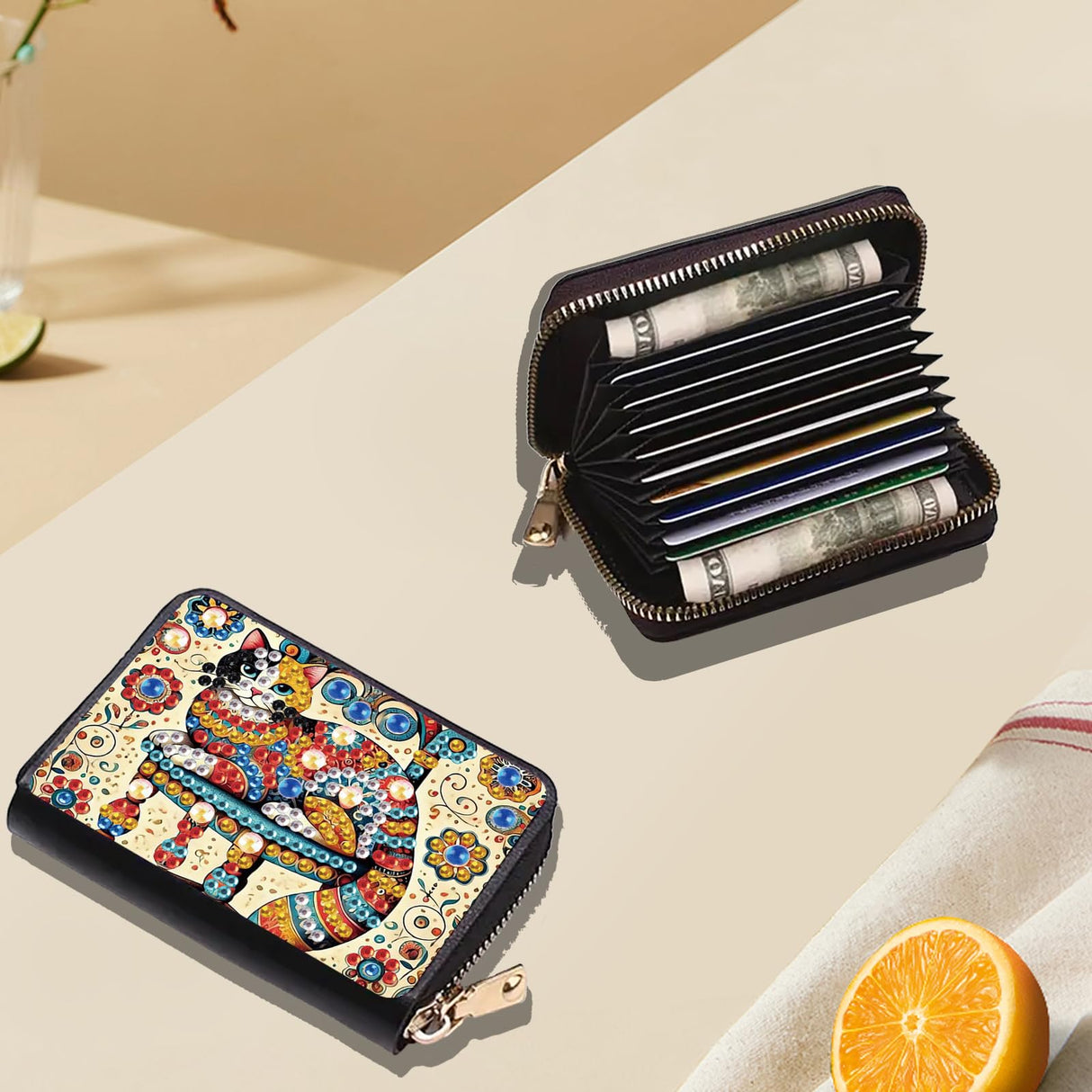 JZHYOAN Diamond Art Credit Card Holder, 4.33x3.14x0.98 Inch DIY Special Pattern Zipper Business Small Wallet Coin Purse Keychain Card Holder Wallet for Woman Adult Man Family-Cat JZHYOAN