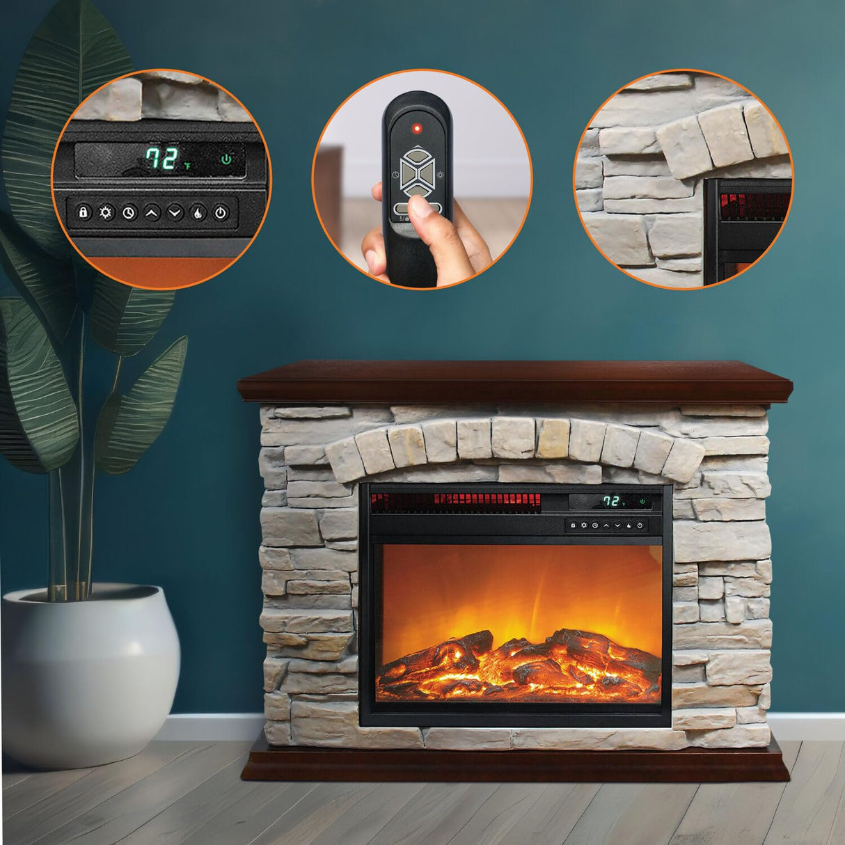 Lifesmart Large Square Infrared Faux Stone Fireplace, Fake Fireplace Heater with Mantel and Adjustable Settings for Living Room, Bedroom LifeSmart