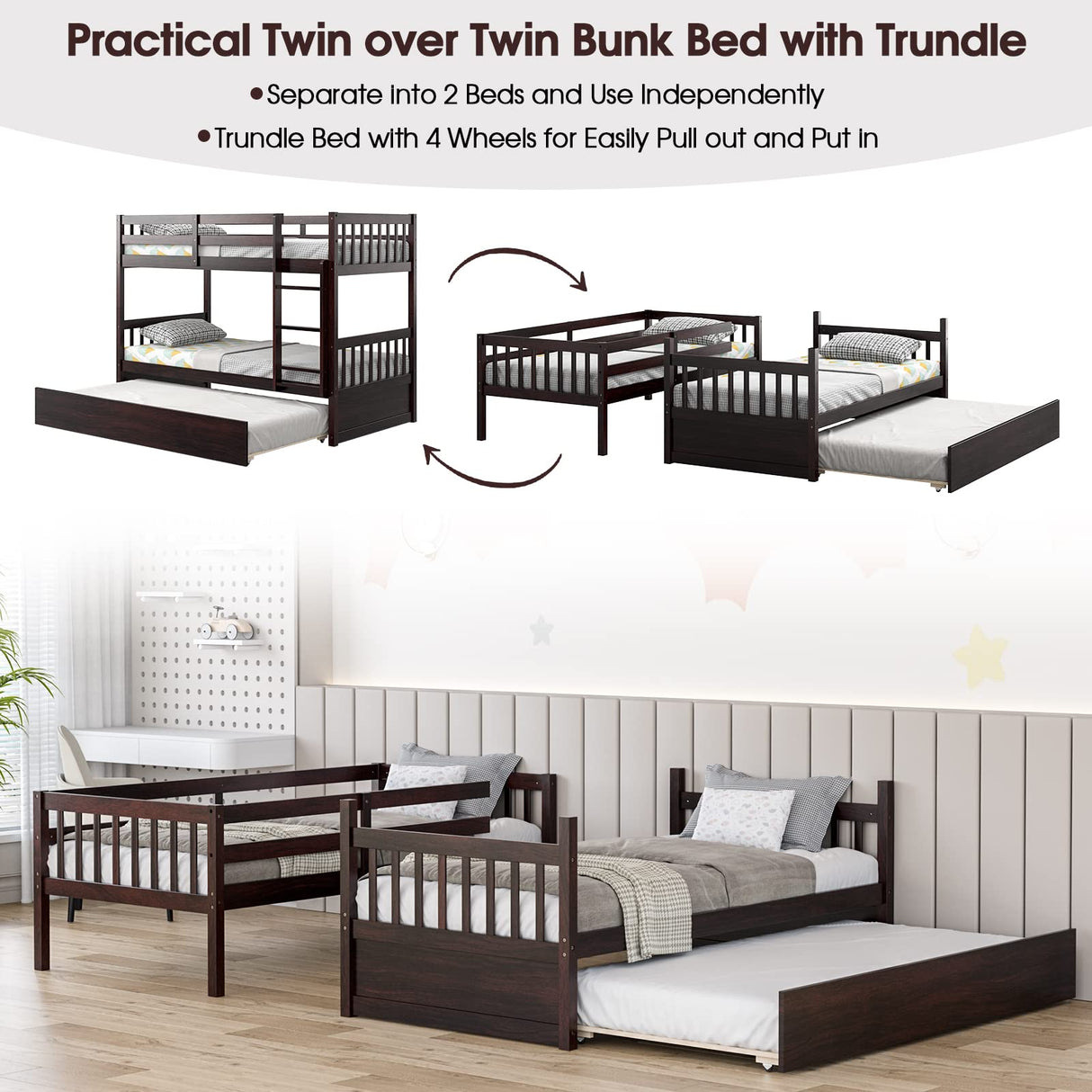 Giantex Twin Over Twin Bunk Bed with Trundle, Convertible Platform Bed Frame with Ladder & Solid Wood Frame, Space-Saving Bunk Bed for Teens & Adults, No Box Spring Needed, Espresso Giantex
