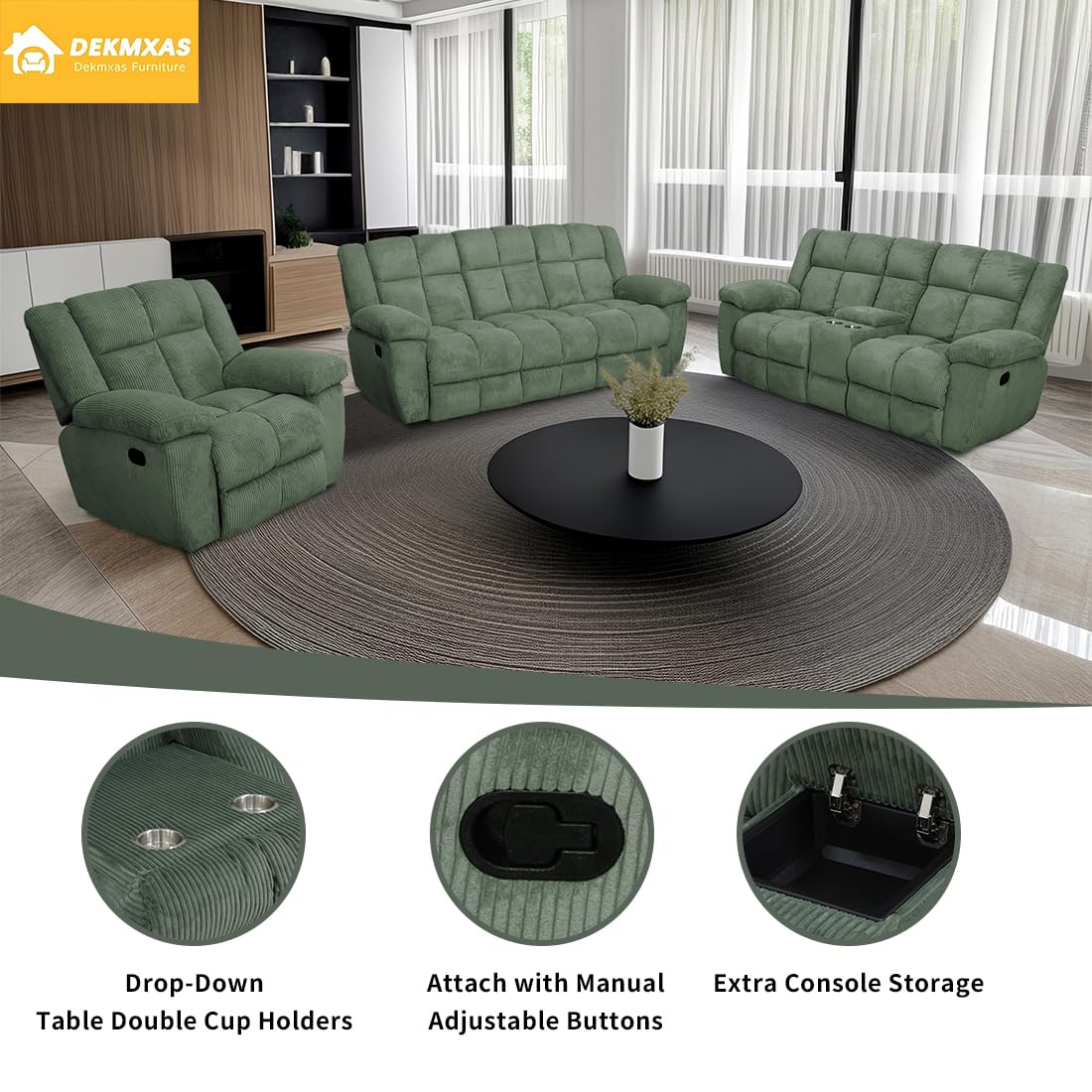 Dekmxas Recliner Sofa Set, Living Room Furniture Sets,Manaul Reclining Couch Green Corduroy Reclining Couch Living Room Sofa Set with 5 Recliner Seats/Cup Holders/Storage Console/Drop-Down Table Dekmxas