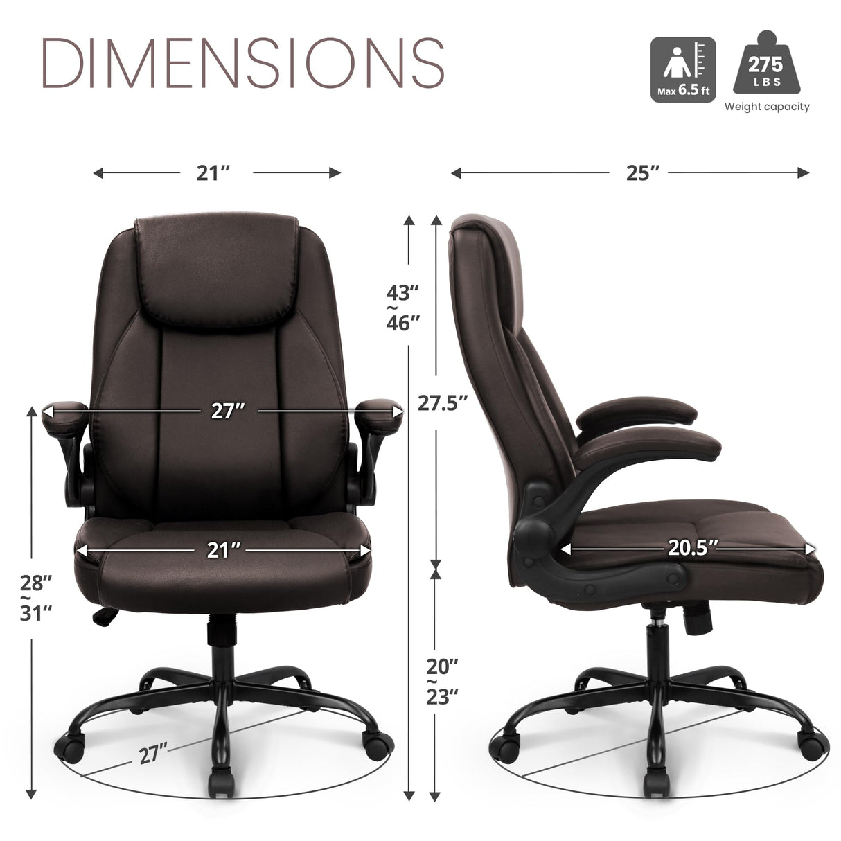 NEO CHAIR Ergonomic Office Chair PU Leather Executive Chair Padded Flip Up Armrest Computer Chair Adjustable Height High Back Lumbar Support Wheels Swivel for Gaming Desk Chair (Brown) NEO CHAIR