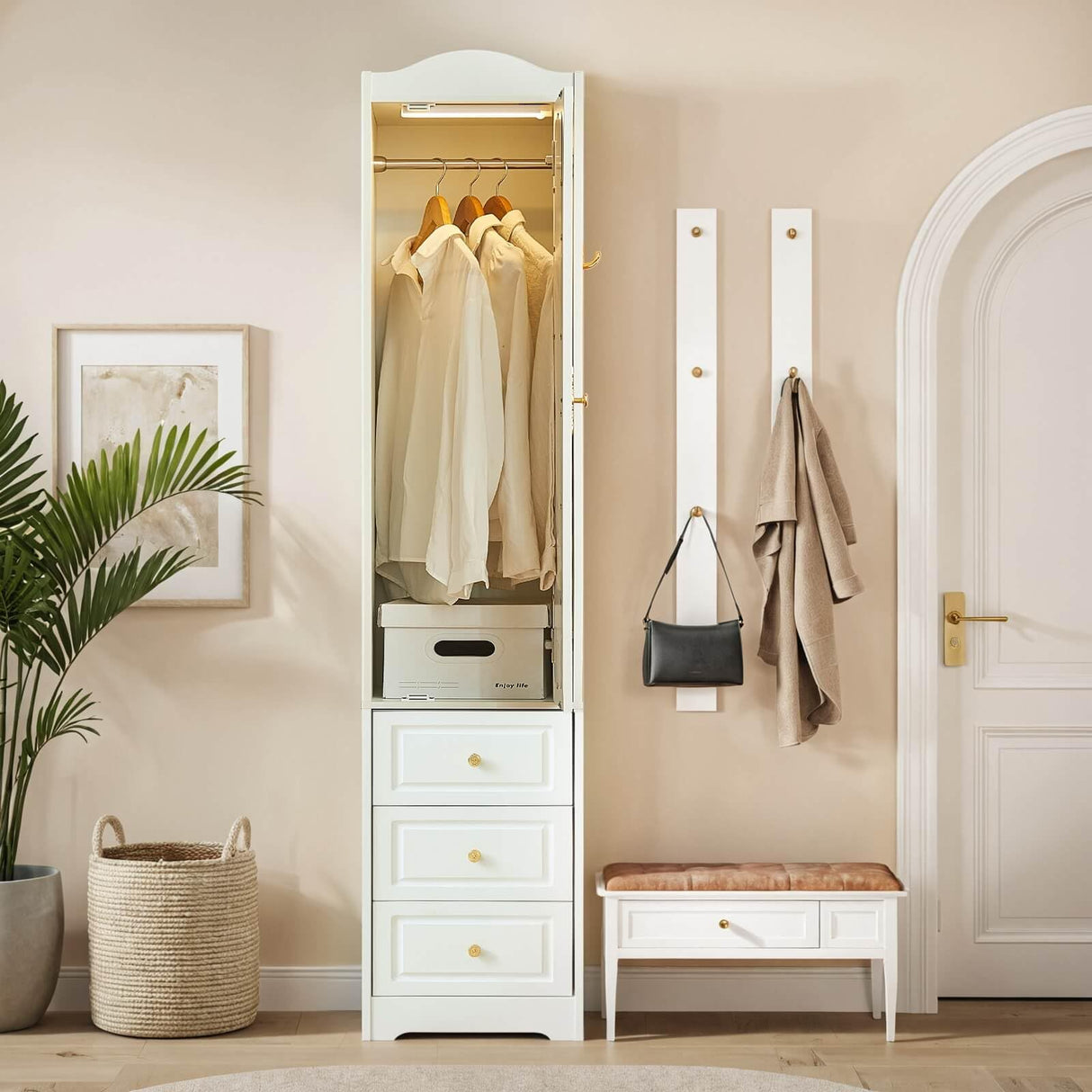 JanflyHome Armoire Wardrobe Closet, White Bedroom Armoires Cabinet with Mirror Door and 3 Drawers, 69.5" H Clothing Storage Cabinet with Hanging Rod & Sensor Light for Bedroom-Right JanflyHome