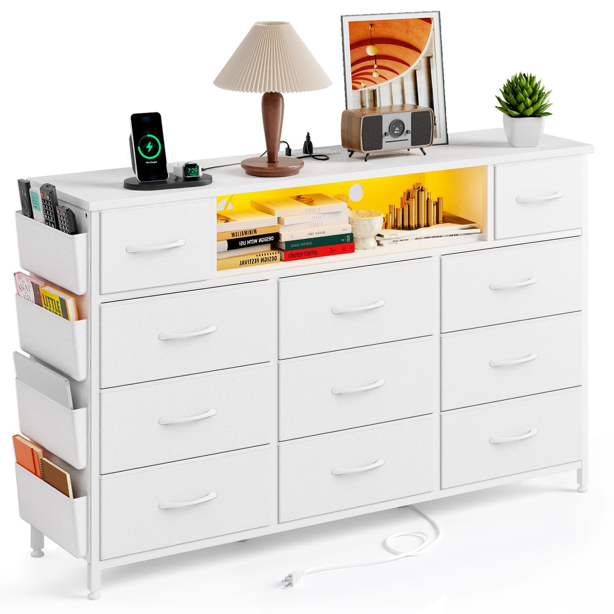 Fixwal White Dresser for Bedroom with Power Outlets and LED Lights 11 Drawers Dresser with Side Pocket for Kids Bedroom, Fabric Chest of Drawers, for 60inch TV Long Dresser Storage Organizer Fixwal