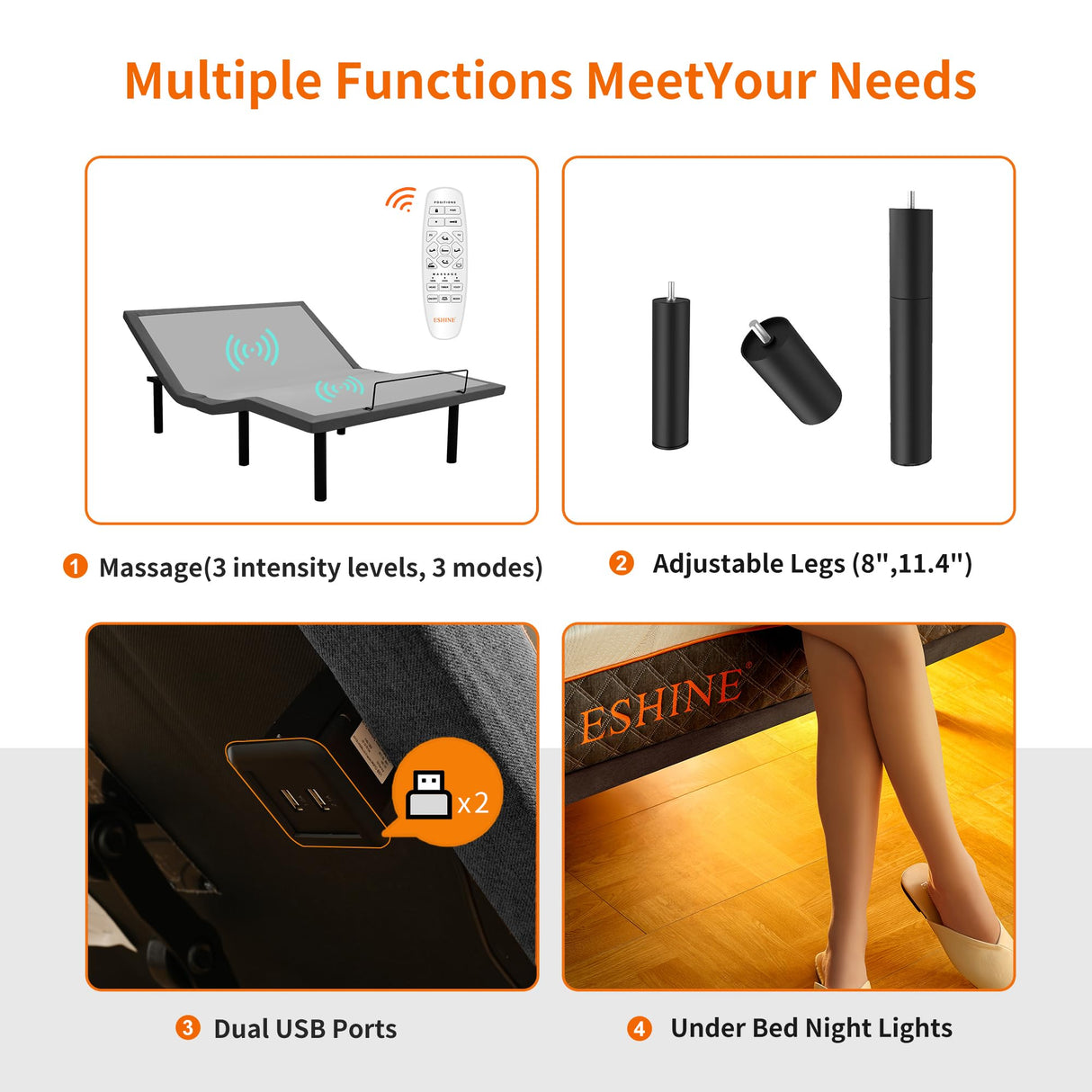 ESHINE 14" Hybrid Mattress Twin XL + Adjustable Bed Frame - Luxury Gel Memory Foam, Upholstered Bed Frames with Massage, USB, Under Bed Night Light, Head and Foot Incline, Split King ESHINE