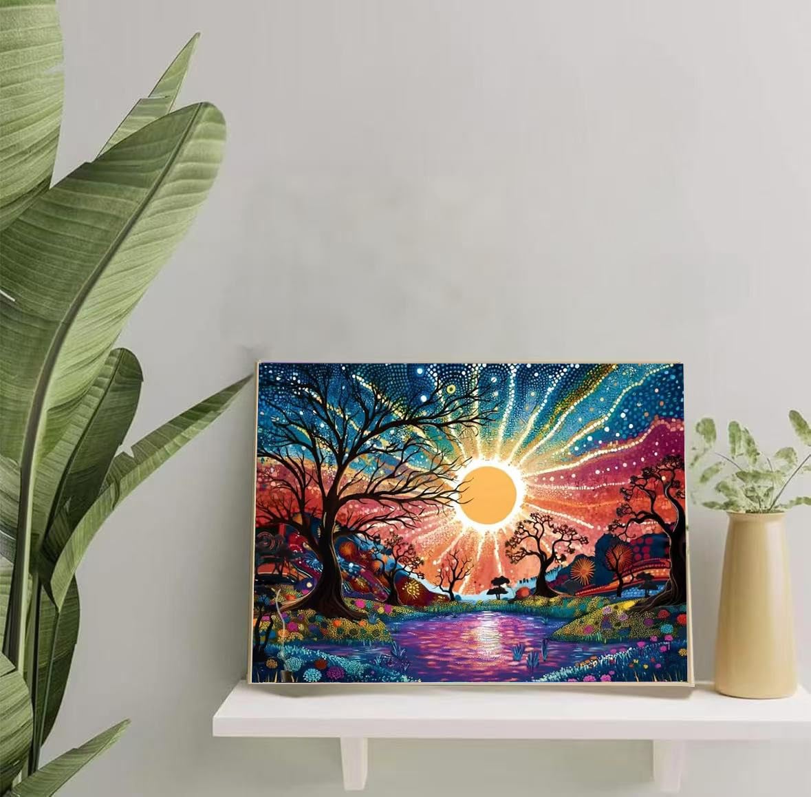 hyzsj Paint by Numbers Kit for Adults with Frame, Sun Paint by Numbers for Adults, Tree River Paint by Number with Easel, DIY Paint by Number Kits for Home Wall Decor (11.8x15.7inch ) hyzsj