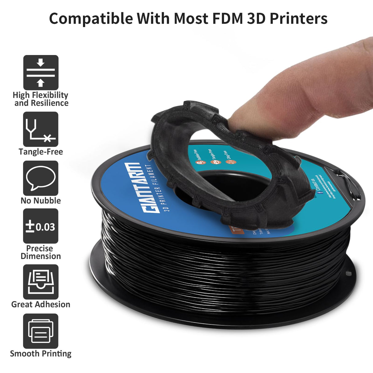 GIANTARM TPU Filament 1.75mm Flexible Soft 3D Printer Consumables Black,95A 1kg Spool (2.2 lbs.), Dimensional Accuracy +/- 0.05 mm GIANTARM