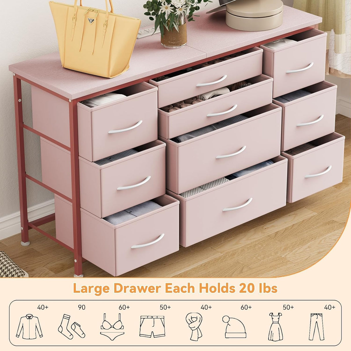 TrailBlaze Multifunctional Drawer Tower with Power Outlet, 55'' TV Stand with 10 Drawers, Fabric Chest of Drawers with Storage Drawers, Waterproof Wood Top, Anti-Tip Safety, Easy Assembly (Pink) TrailBlaze