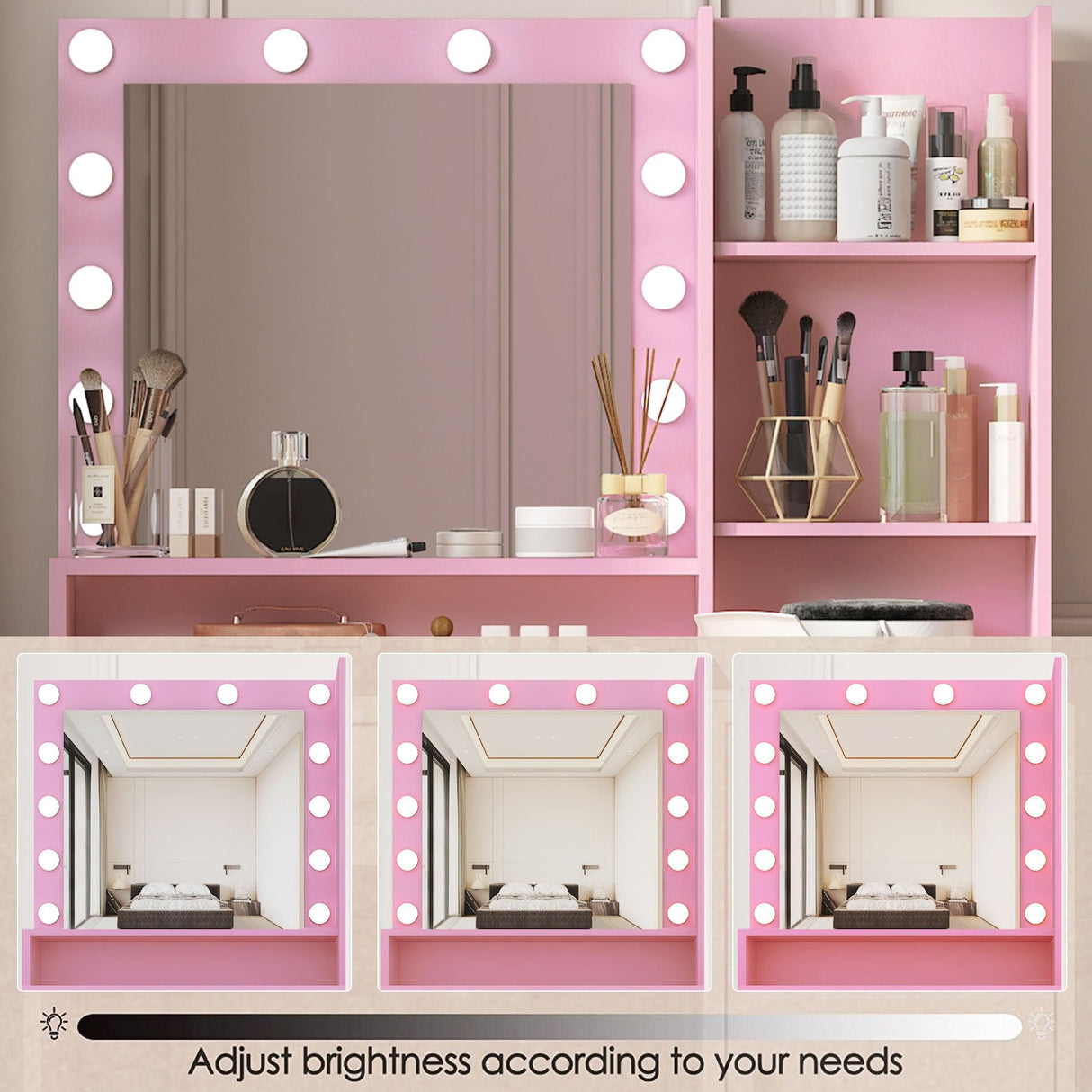 Mdhitsox Vanity Desk with Mirror and Lights, Makeup Vanity Desk, Dressing Table Set with Drawers, Cabinets, Shelves, 3 Lighting Modes Brightness Adjustable, Modern Vanity Set for Gifts Bedroom (Pink) Mdhitsox