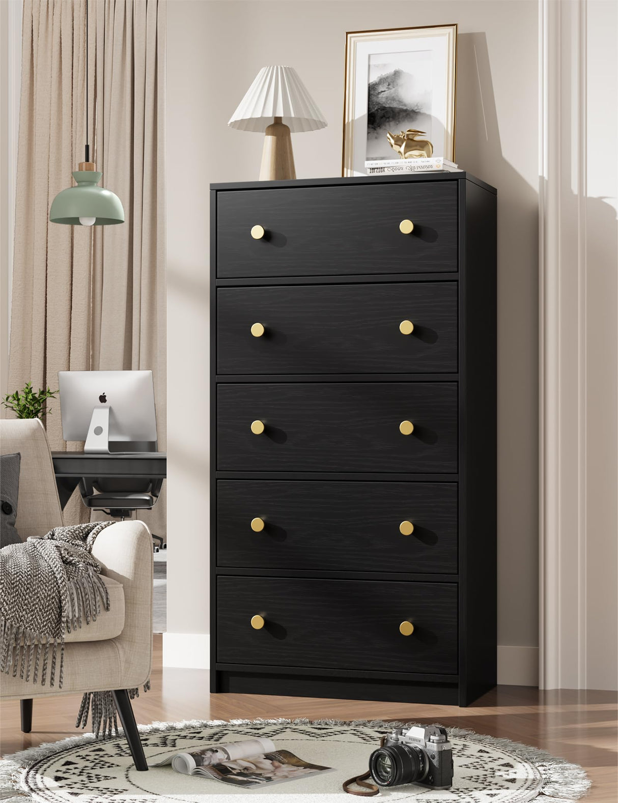 Nicehill Black Dresser for Bedroom with 5 Drawers, Fabric Dresser Storage Tower, Chest of Drawers for Closet, Living Room, Hallway, Entryway,Wood Dresser(Black) Nicehill