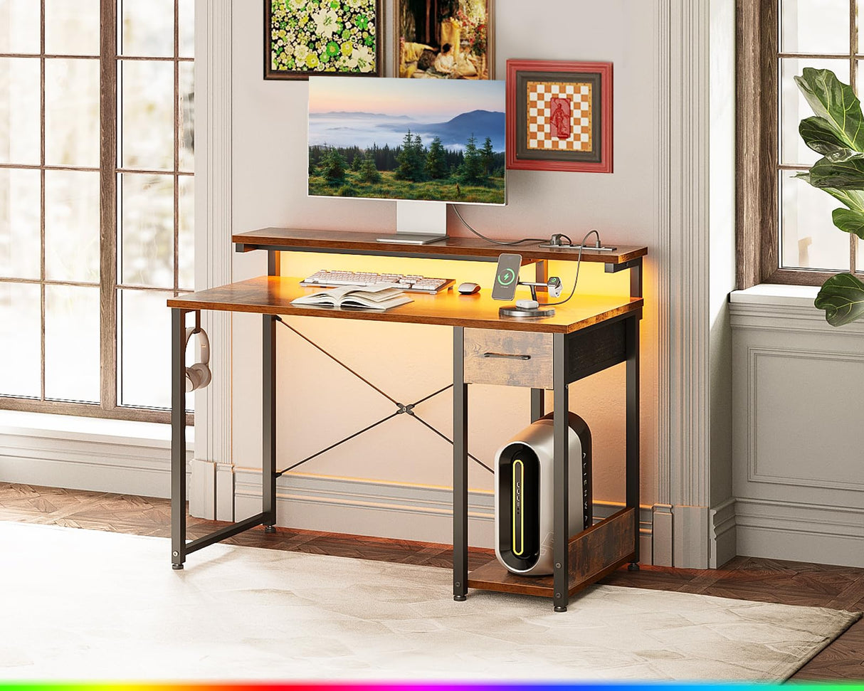 AODK Gaming Desk with LED Lights & Power Outlet, 40 Inch Small Computer Desk with Drawer, Reversible Desk with Adjustable Monitor Shelf & Headphone Hook for Home Office, Rustic Brown AODK