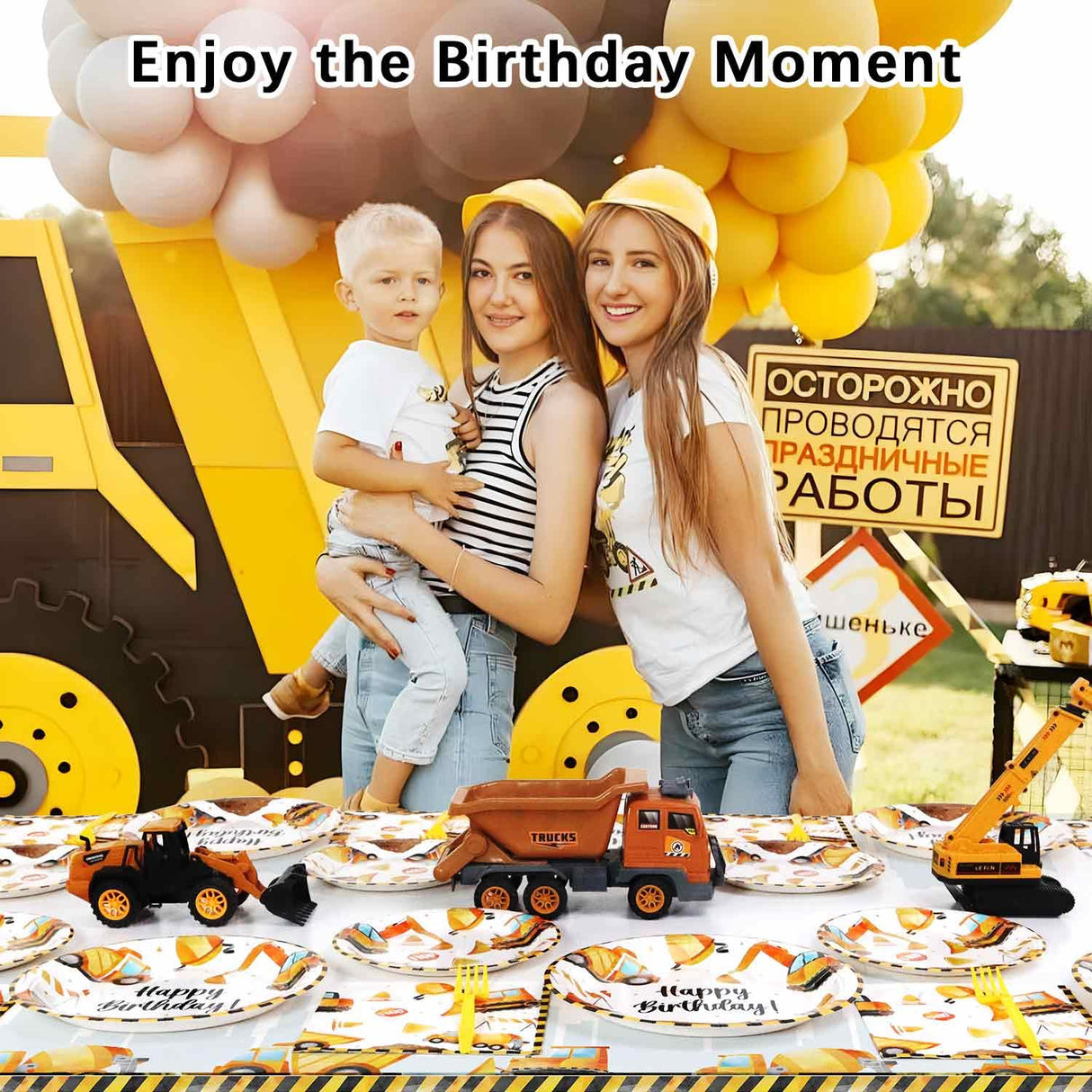 Construction Theme Birthday Party Decorations Plates Set 25 Guests,100 Pcs Plates Napkins Forks Boys Kids Construction Excavator Birthday Party Supplies Heboland