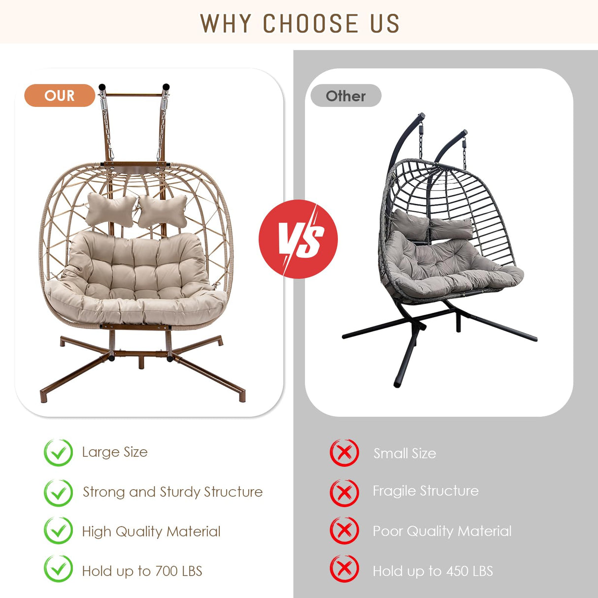 RADIATA Hanging Double Egg Chair with Stand, Oversized 2 Person Swing Egg Chairs Outdoor Indoor, 700Lbs Sturdy Loveseat Wicker Chair with Comfy Thick Cushion for Patio Backyard Balcony Porch, Beige RADIATA