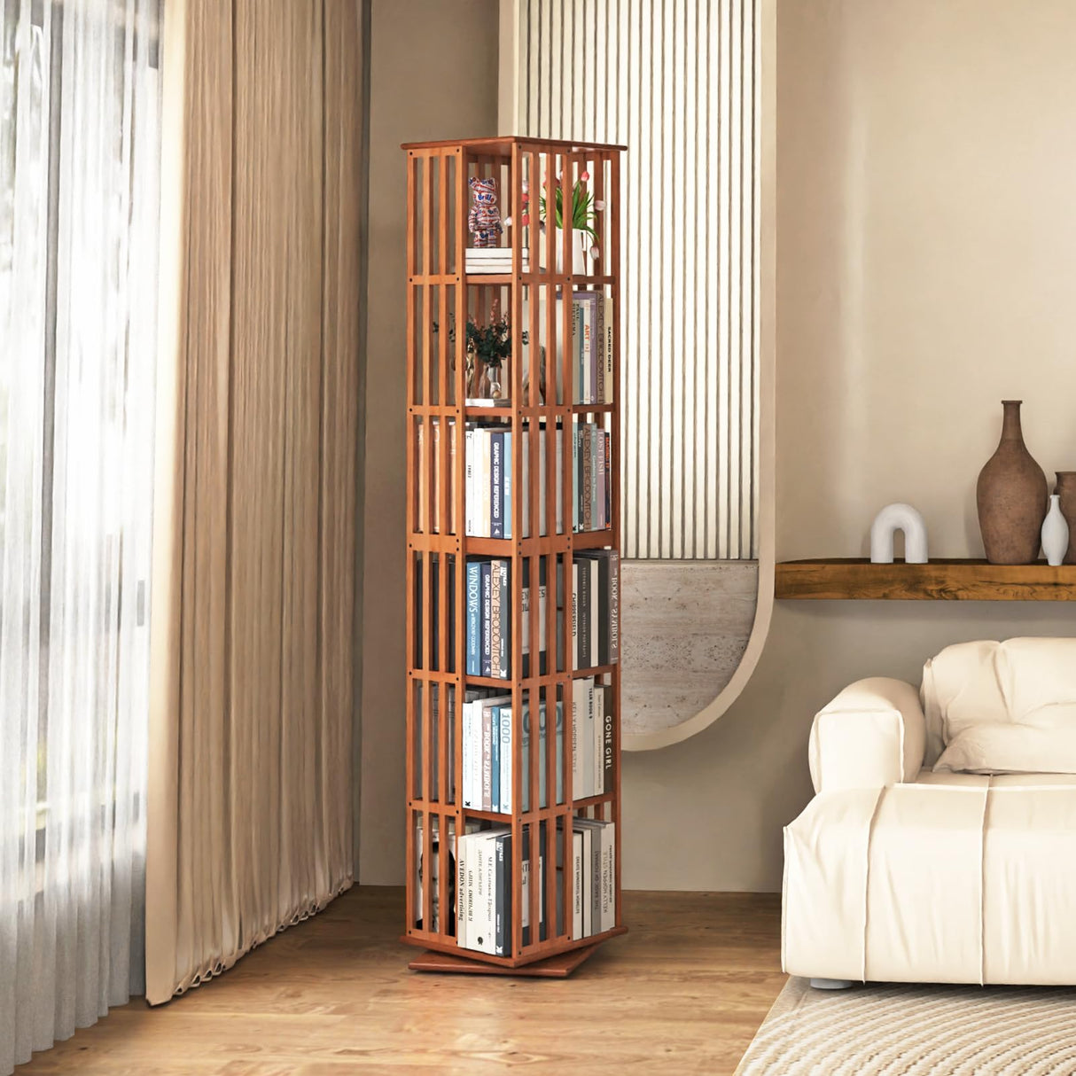 Rotating Bamboo Bookshelf | 6 Tier Revolving Bookcase | 360-degree Space Saving Spinning Book Shelf | Swivel Book Shelves for Display Corner-Friendly Small Space-15.75"W×15.75"D×74.8"H(Walnut) Lauxery