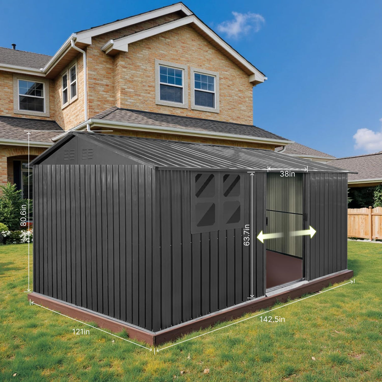 12x10 Ft Storage Shed Outdoor, XL Permanent Steel Building with Window, Sliding Doors and 4 Air Vents for Backyard Garden Patio Lawn - Black LINKHOO