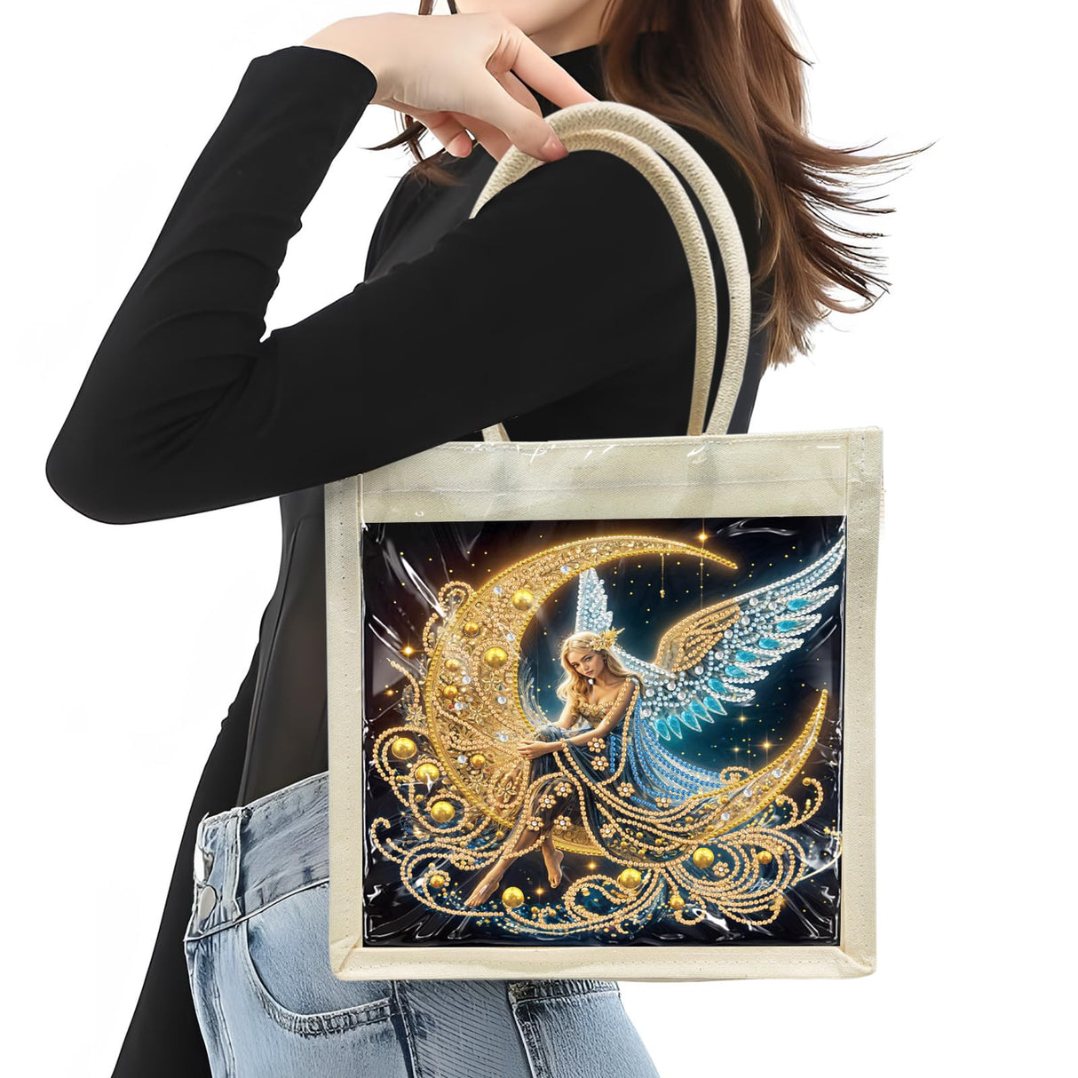 DoxQcs Diamond Art Painting Tote Bag Kit, Shoulder Bags 5D DIY Handbags Reusable Shopping Bags with Handles for Women-Moon Angel DoxQcs