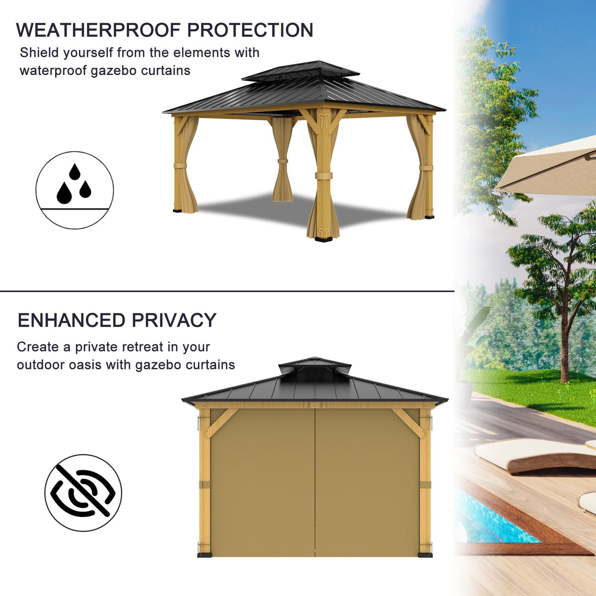 12-ft x 16-ft Gazebo Curtains, Privacy Replacement Sidewall 4-Panel Universal Shade Curtains Set, Protecting Side Walls - Khaki Zupoquk