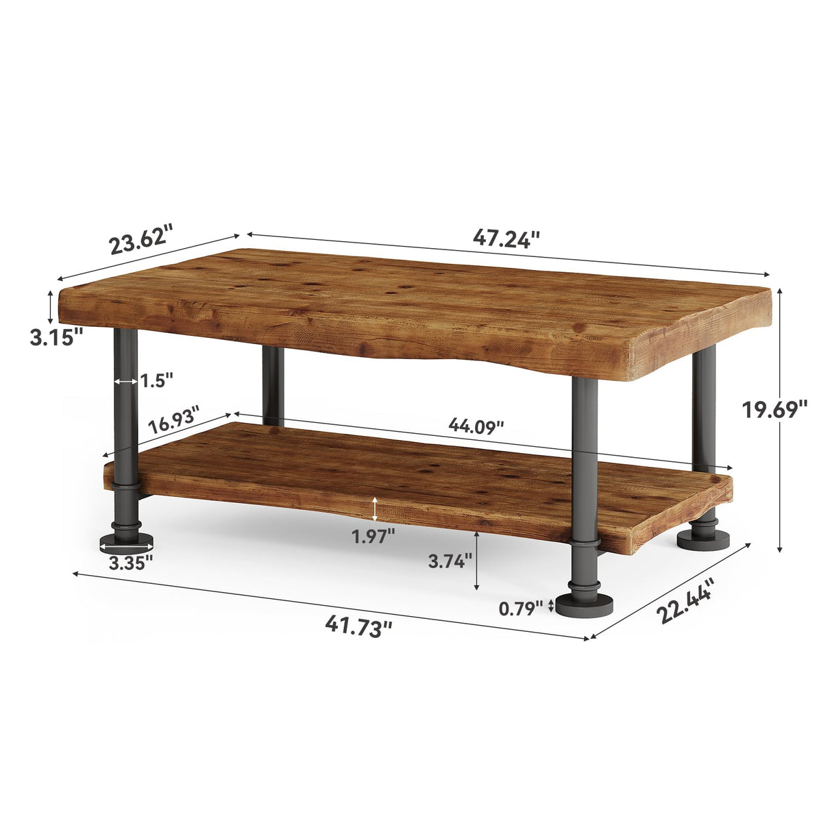 TRIBEWOOD Farmhouse Coffee Table, Wood Coffee Table with Storage, 2-Tier Live Edge Shelf, Metal Legs, 47" Rectangle Center Table for Living Room, Lounge, Brown and Black TRIBEWOOD