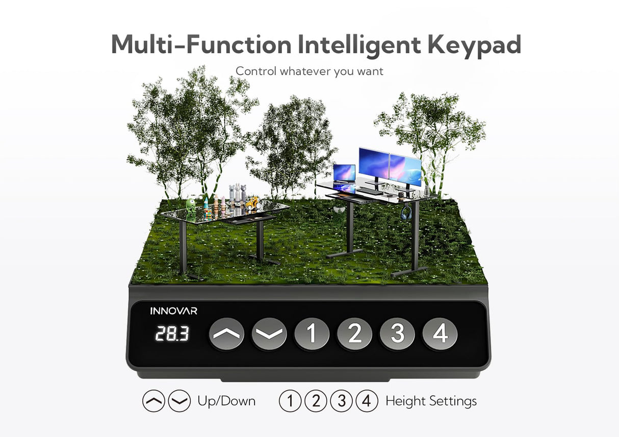 INNOVAR Glass Standing Desk with Drawers, 48×24 Inch Adjustable Stand Up Desk, Quick Install Home Office Computer Desk, Black INNOVAR