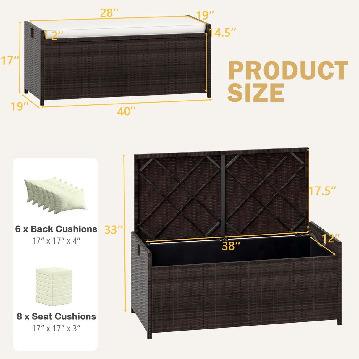 RELAX4LIFE 34-Gallon Outdoor Storage Box - Wicker Rattan Deck Box w/Seat Cushion, Waterproof Liner & Side Handles for Pillows, Patio Cushions, Pool Supplies, Garden Tools, Porch Outdoor Storage Bench RELAX4LIFE