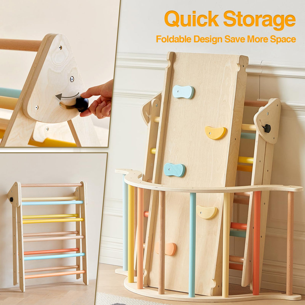 Giant bean Pastel 7 in 1 Pikler Climbing Set with Sliding Ramp & Climbing Arch Ramp, Foldable Wooden Toddler Climbing Toys Indoor,Playground Jungle Gym for Kids Age 2-5, Montessori Climbing Set Giant bean