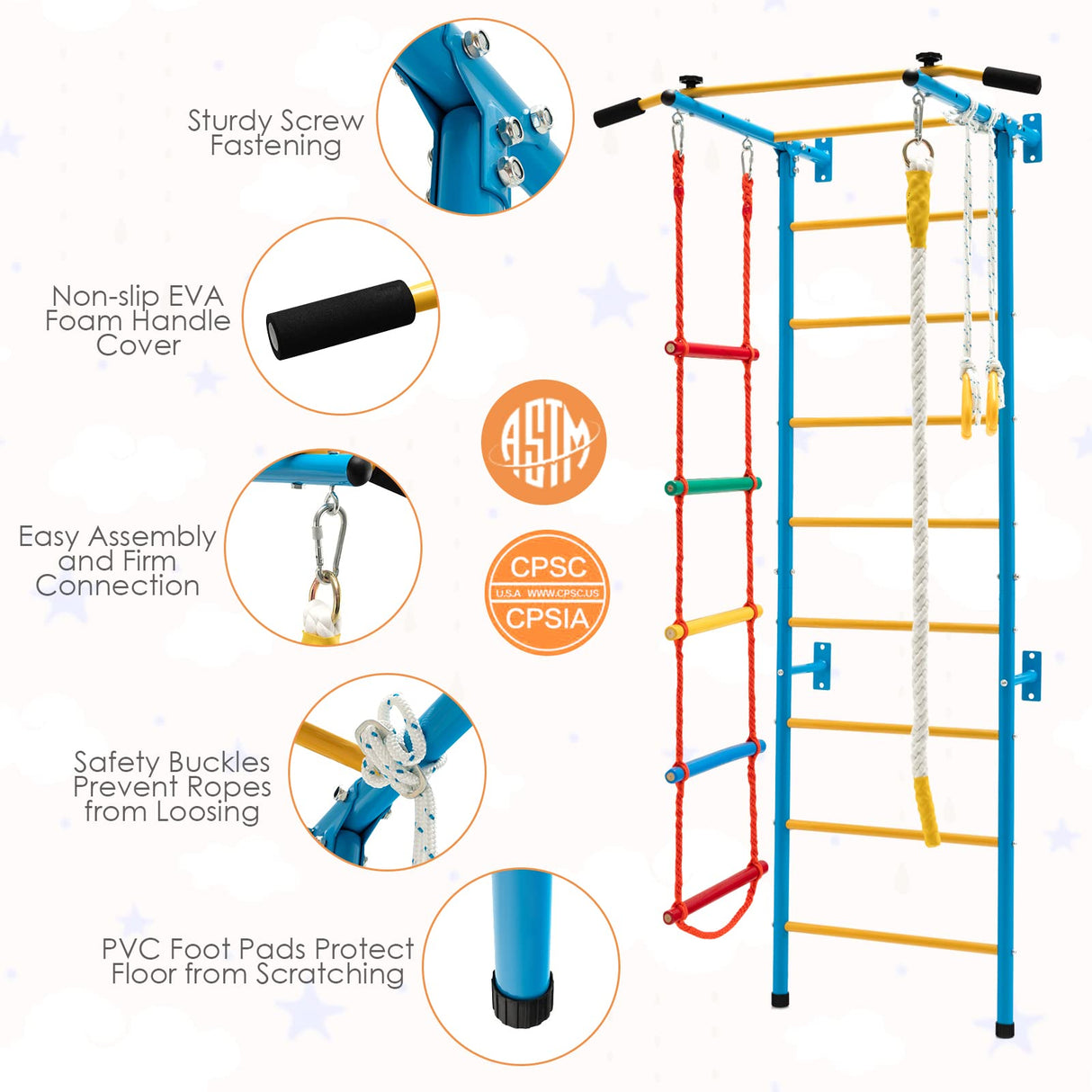 Costzon 5 in 1 Climbing Toys for Toddlers, Indoor Kids Gym for Exercise, Steel Ladder Wall Set with Wall Ladder, Pull-up Bar, Climbing Rope and Gymnastic Rings, Climber Ladder Toys Boys Girls Gift Costzon