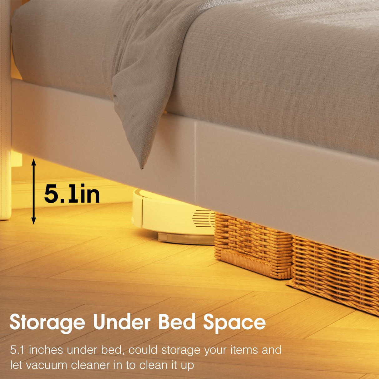 Halitaa Twin Size Floating Bed Frame with LED Lights & Charging Station, White Upholstered PU Leather Halitaa