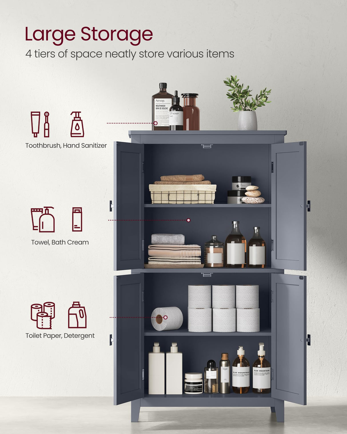 VASAGLE Bathroom Floor Storage Cabinet, Bathroom Storage Unit, Freestanding Cabinet with 4 Doors, Adjustable Shelves, 11.8 x 23.6 x 43.3 Inches, Slate Gray UBBC552G01 VASAGLE
